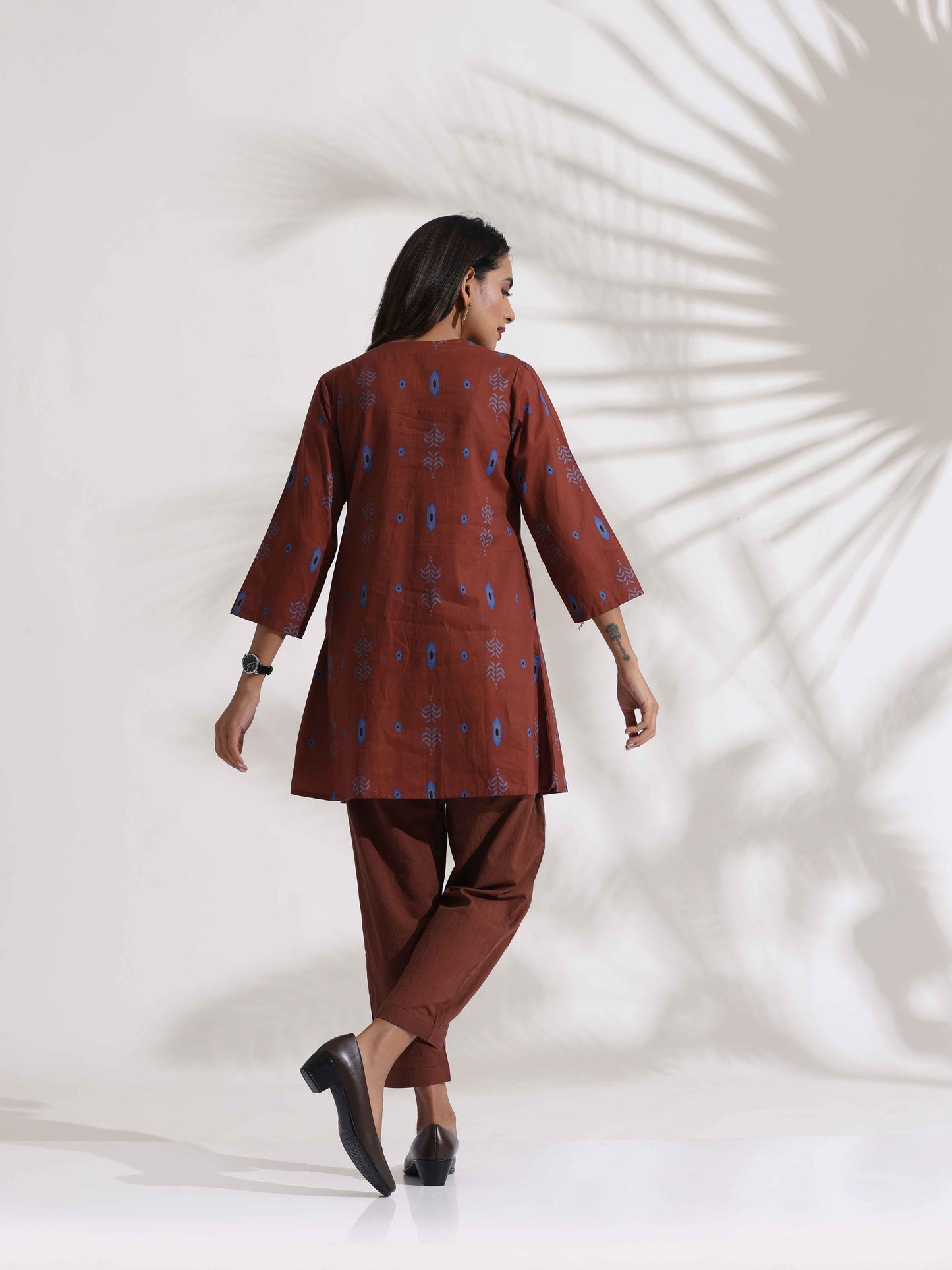 trueBrowns Brown Cotton Print Pleated Top & Pants Co-ord Set - Swadesiicart