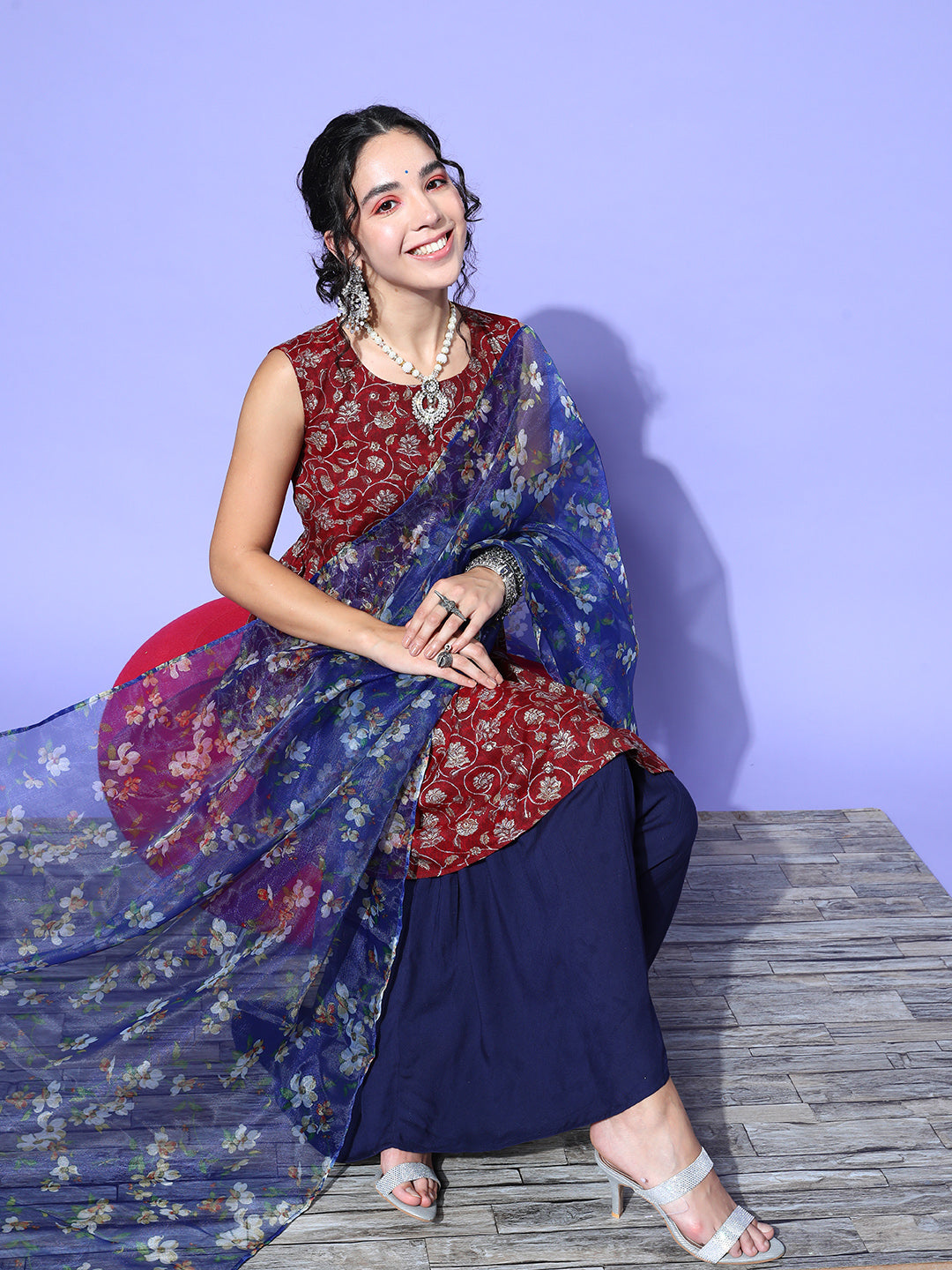InWeave Women's Burgundy Printed Kurta Sharara Set With Blue Organza Dupatta - Swadesiicart