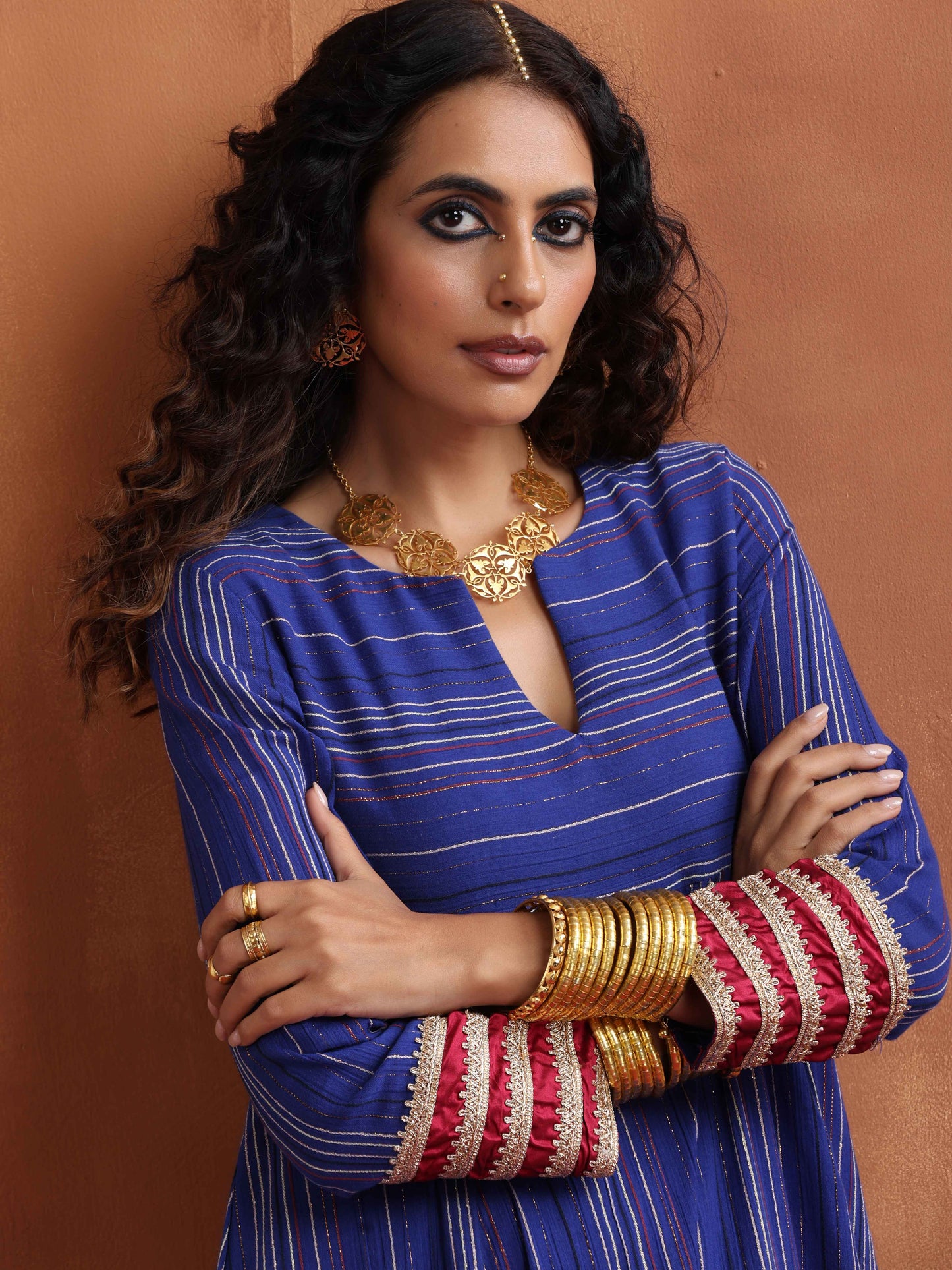 trueBrowns Blue Stripe Flared Anarkali Kurta Set | Swadesiicart