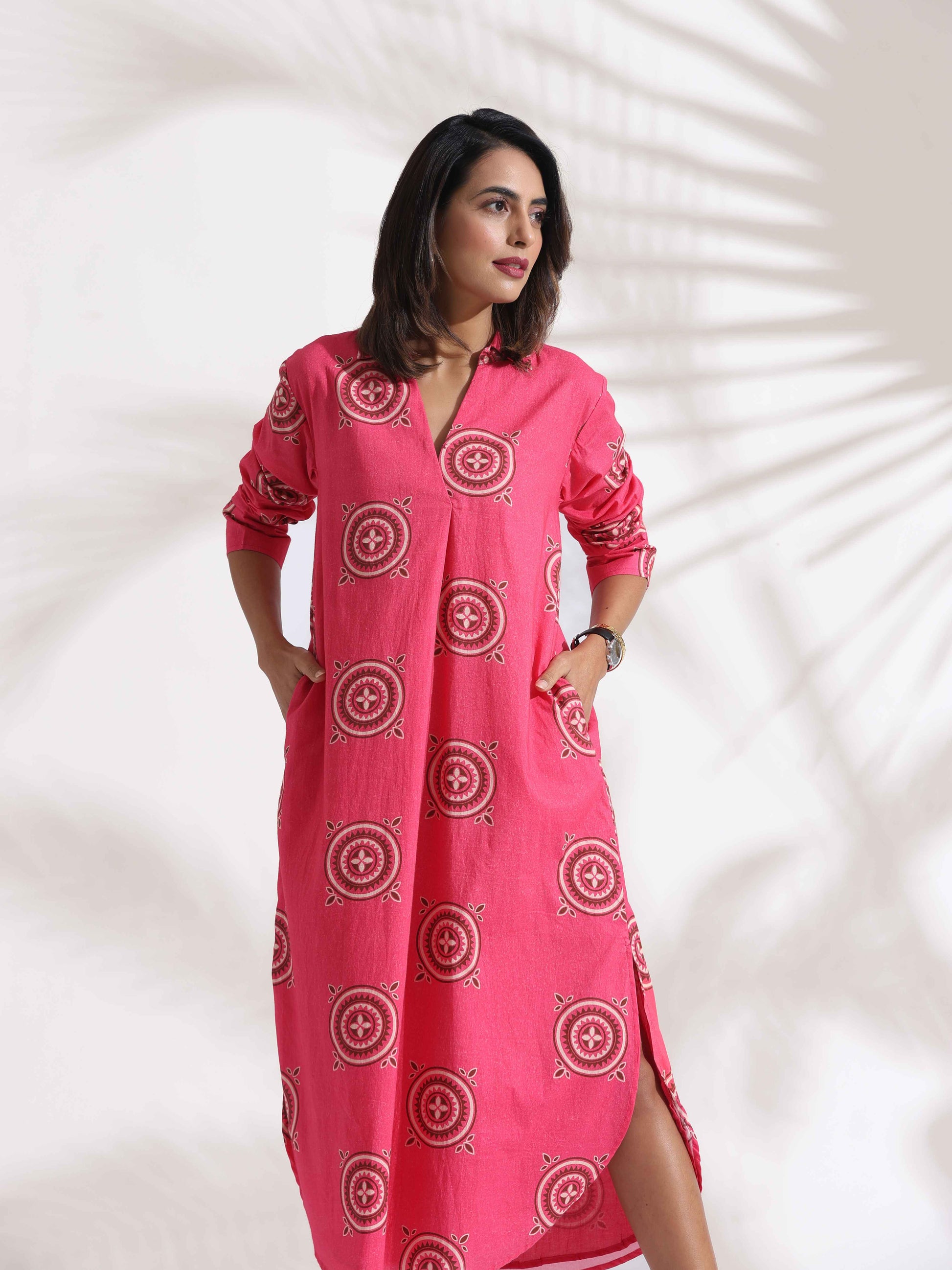 trueBrowns Pink Cotton Print A-line Dress | Swadesiicart