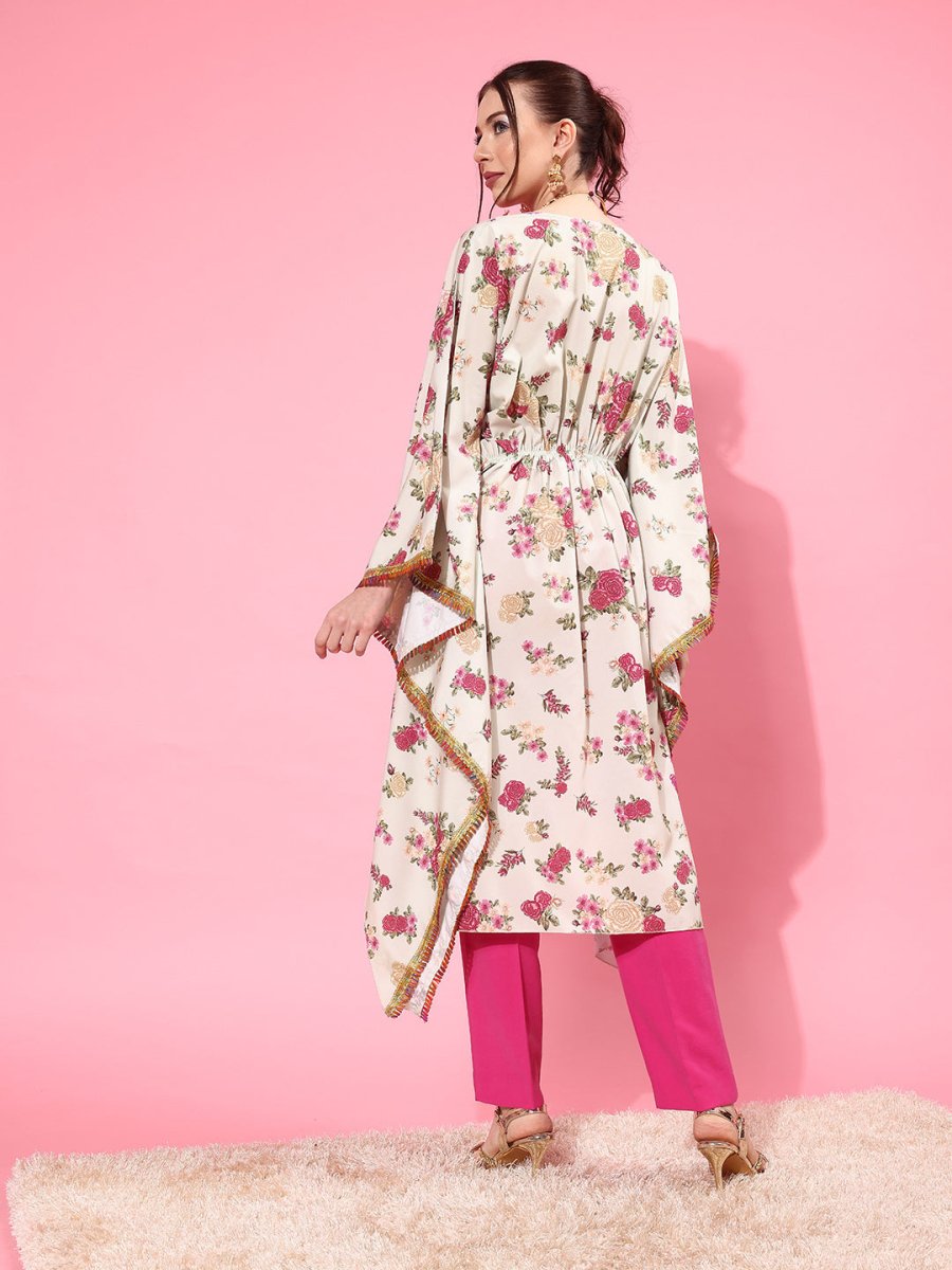 Ahalyaa Women Floral Printed Flared Sleeves Thread Work Crepe Kaftan Kurta | Swadesiicart