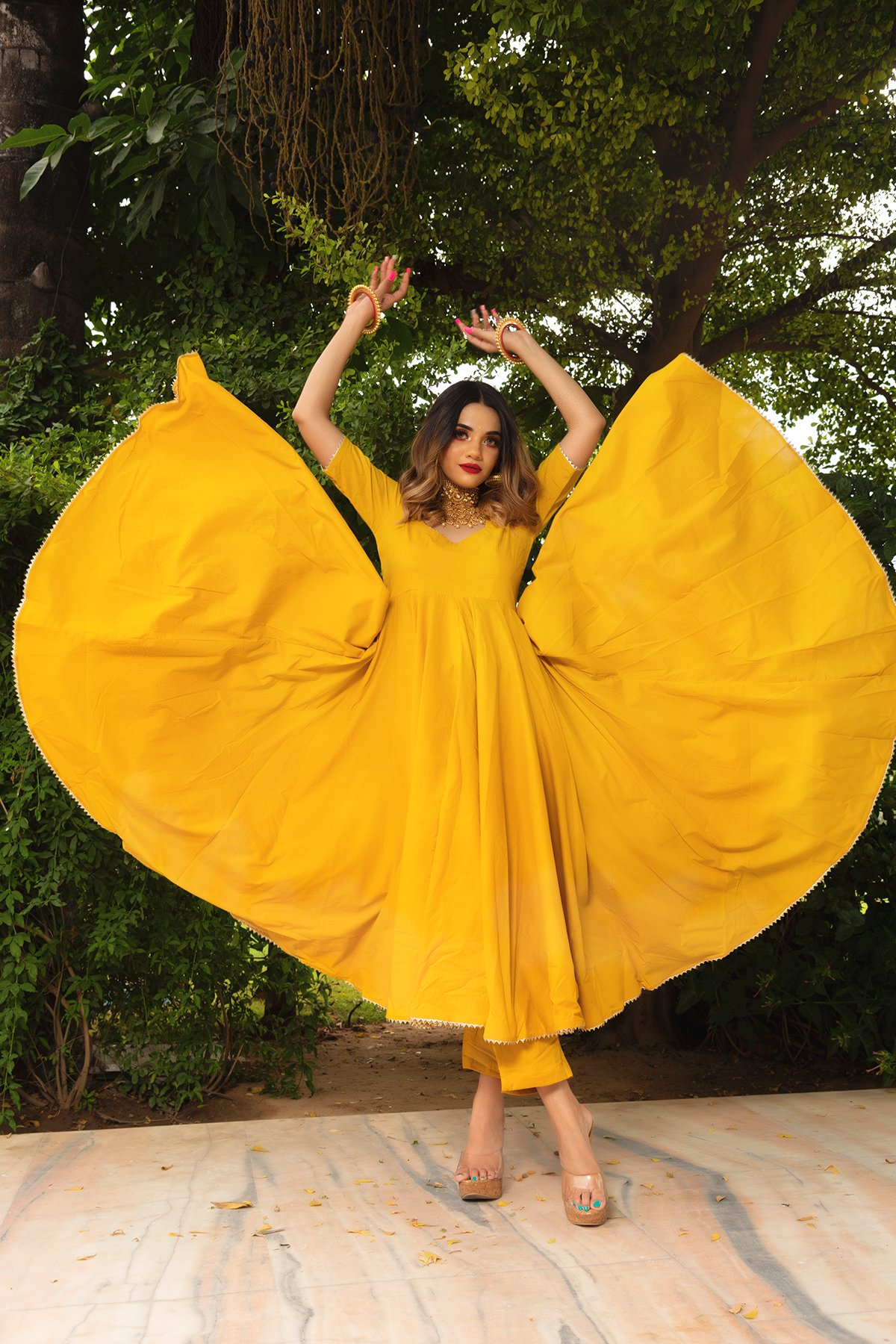Pomcha Jaipur Rosemarry Yellow Cotton Anarkali Set | Swadesiicart