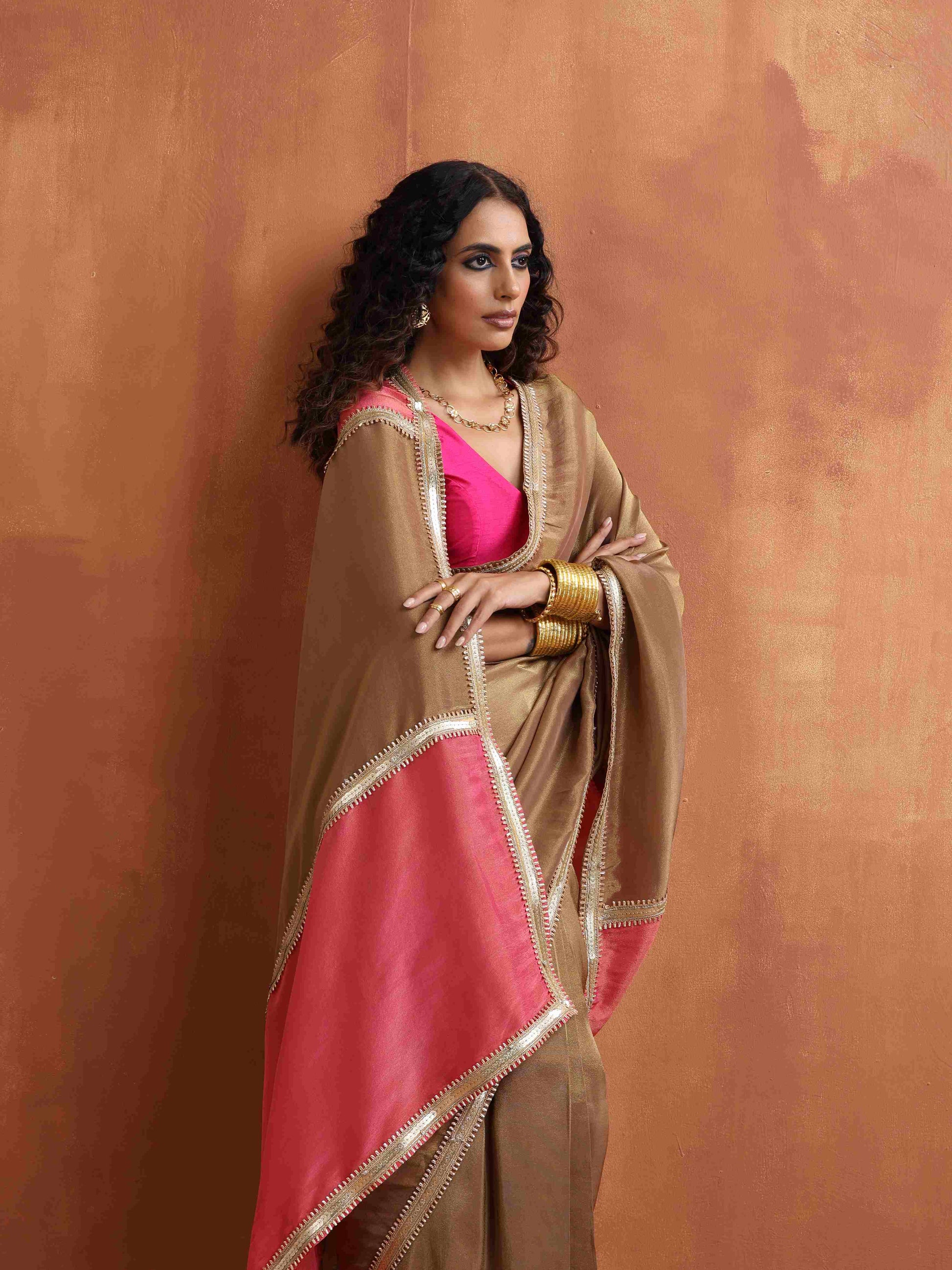 trueBrowns Bronze Tissue Ready To Wear Saree | Swadesiicart