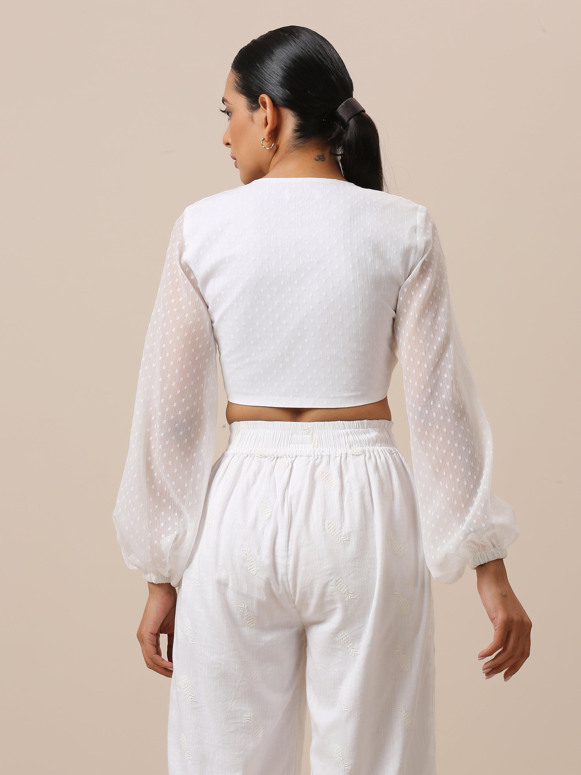 trueBrowns Chiffon White Dobby Tie Up Top | Swadesiicart