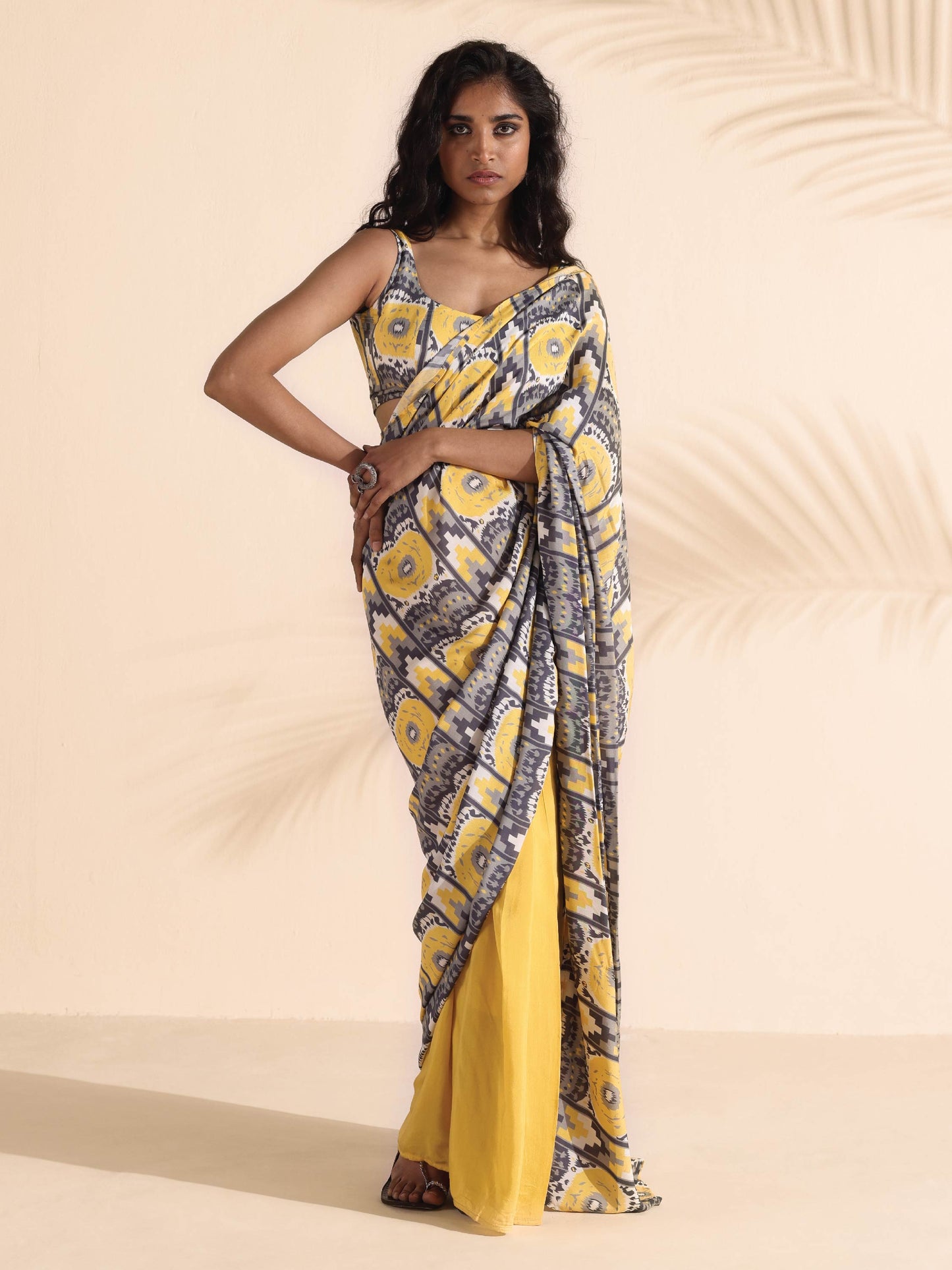 trueBrowns Yellow Muslin Ikat Sleeveless Blouse | Swadesiicart