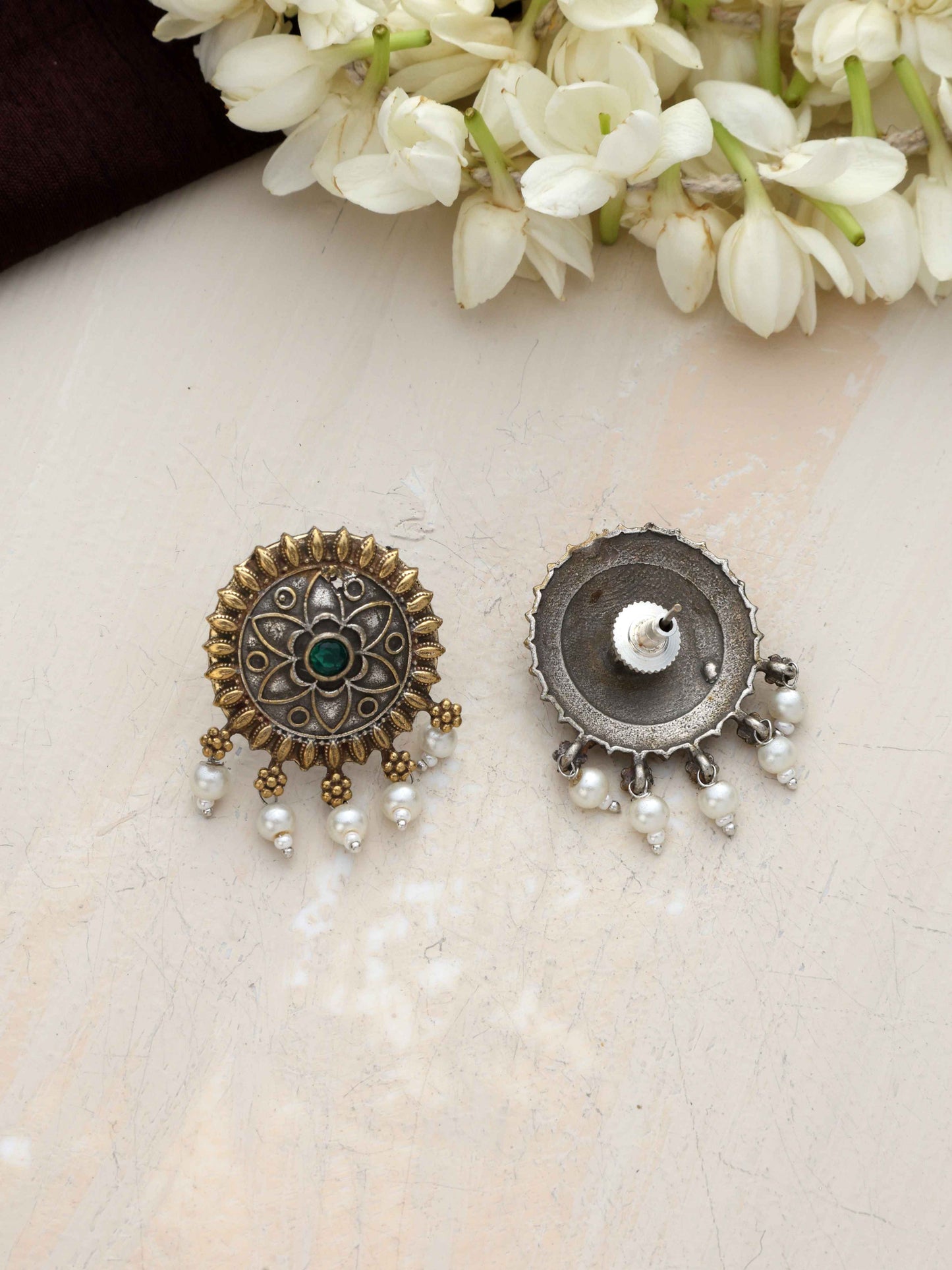 trueBrowns Silver Gold Tone Floral Stud Earrings - Swadesiicart
