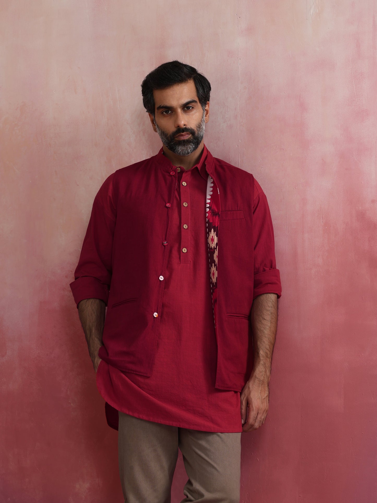 trueBrowns Men's Maroon Ikat Print Cotton Reversible Nehru Jacket | Swadesiicart