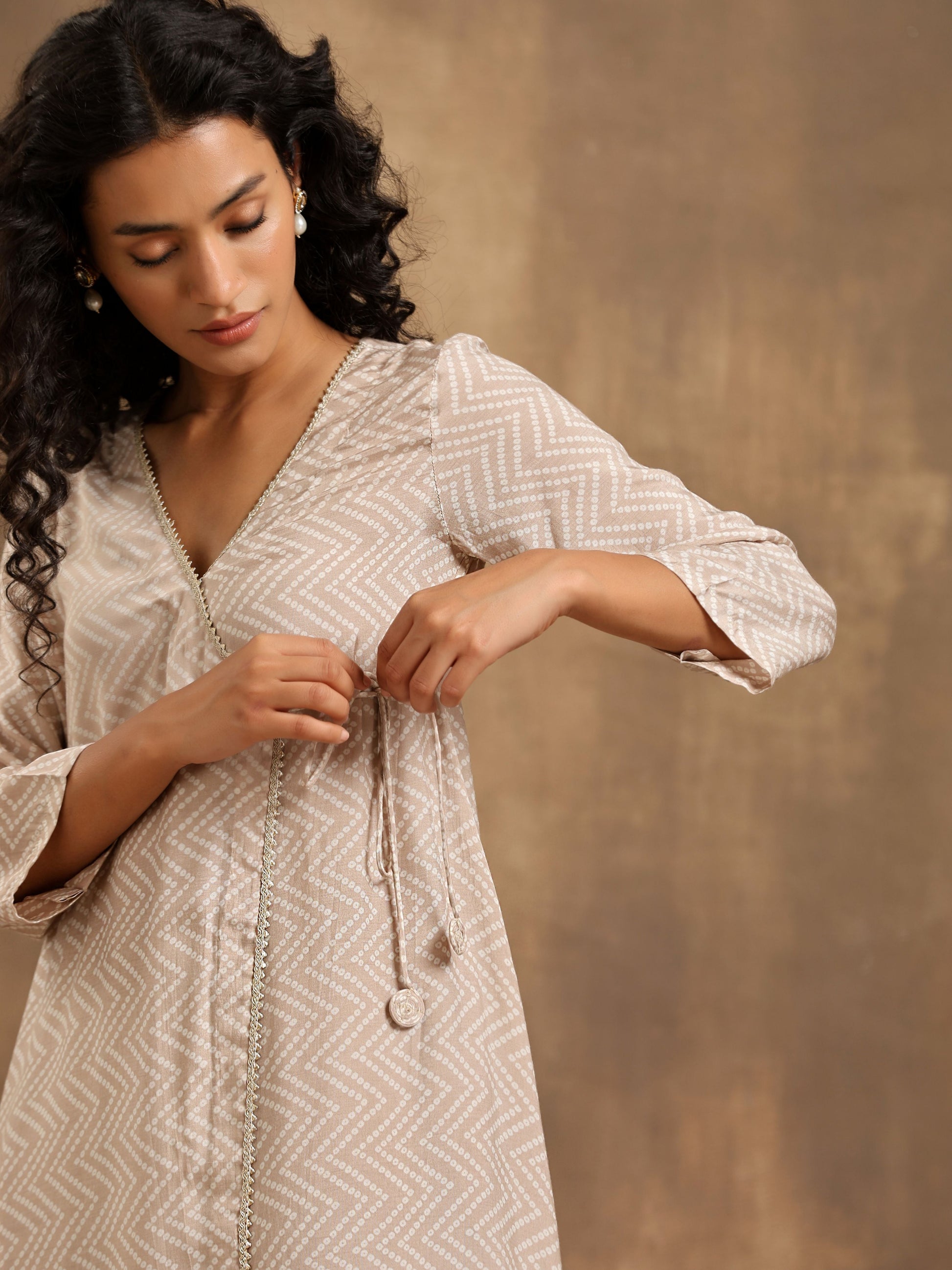 trueBrowns Beige Zig-Zag Print Silk Angrakha Kurta Pant Set | Swadesiicart