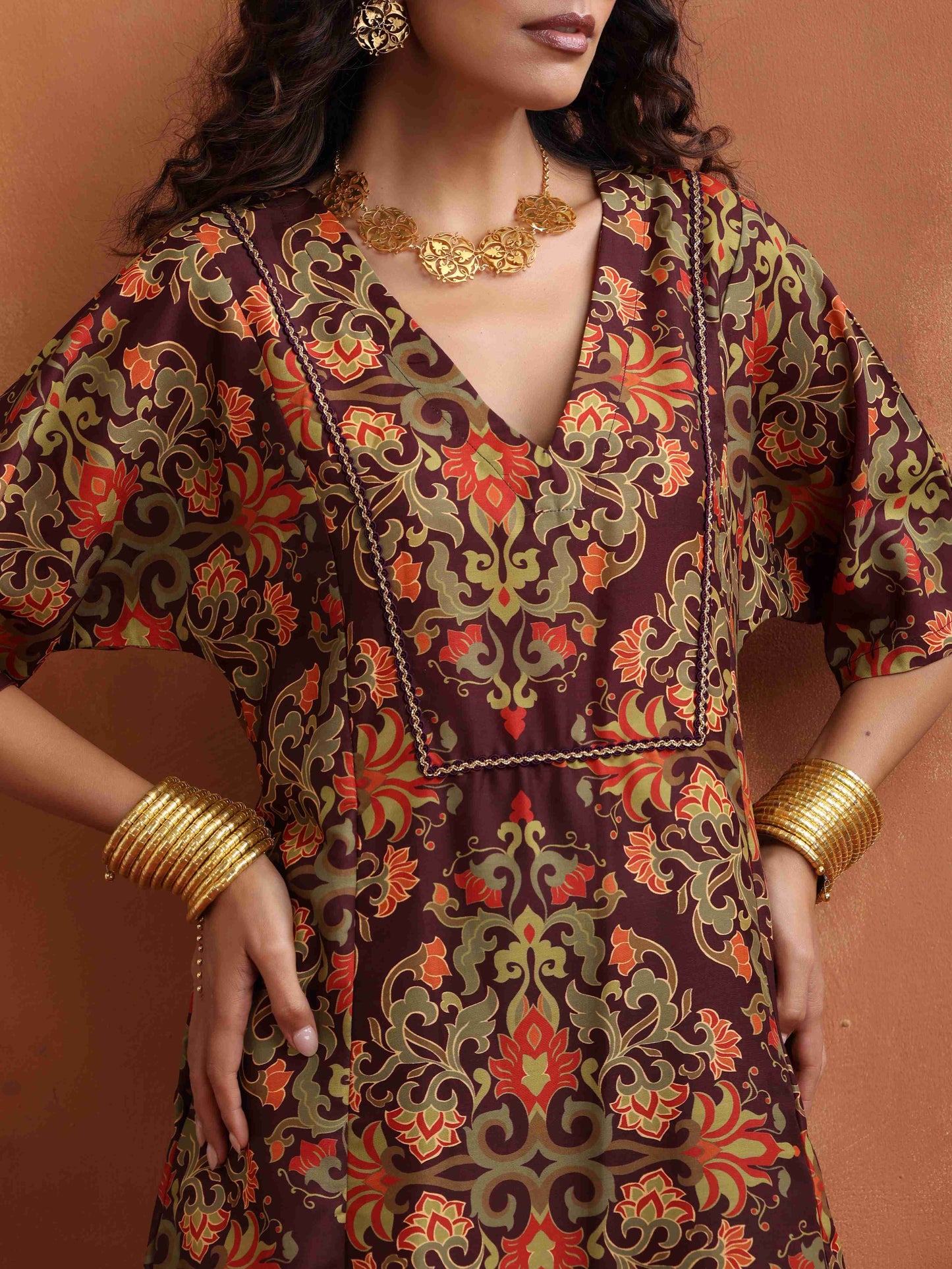 trueBrowns Brown Floral Print Kaftan Kurta Set | Swadesiicart