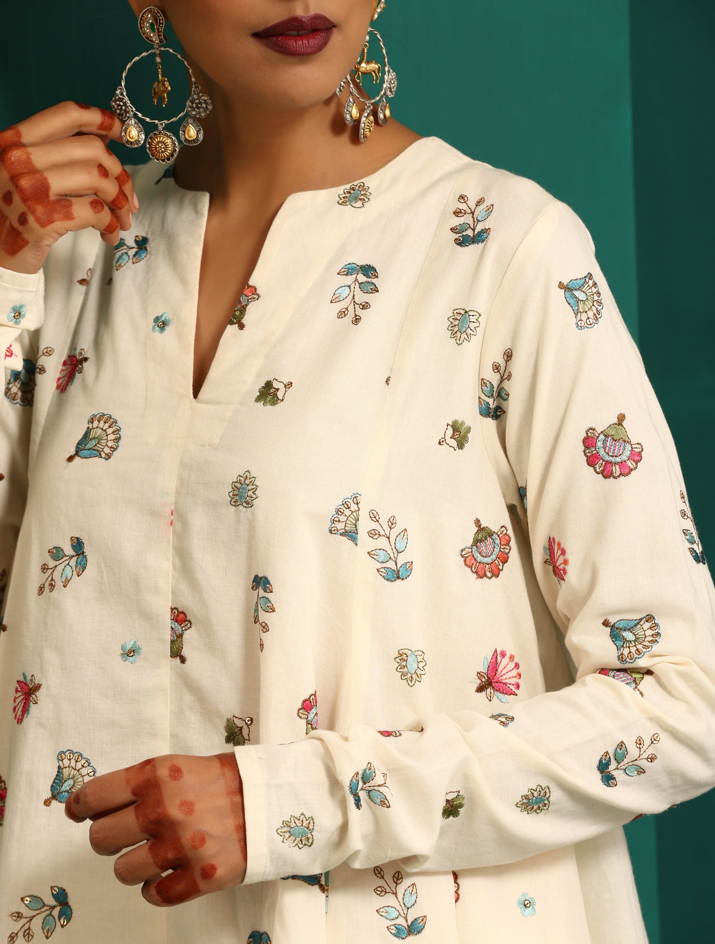 trueBrowns Ivory Multi Color Floral Cotton Flared Co-ord Set - Swadesiicart