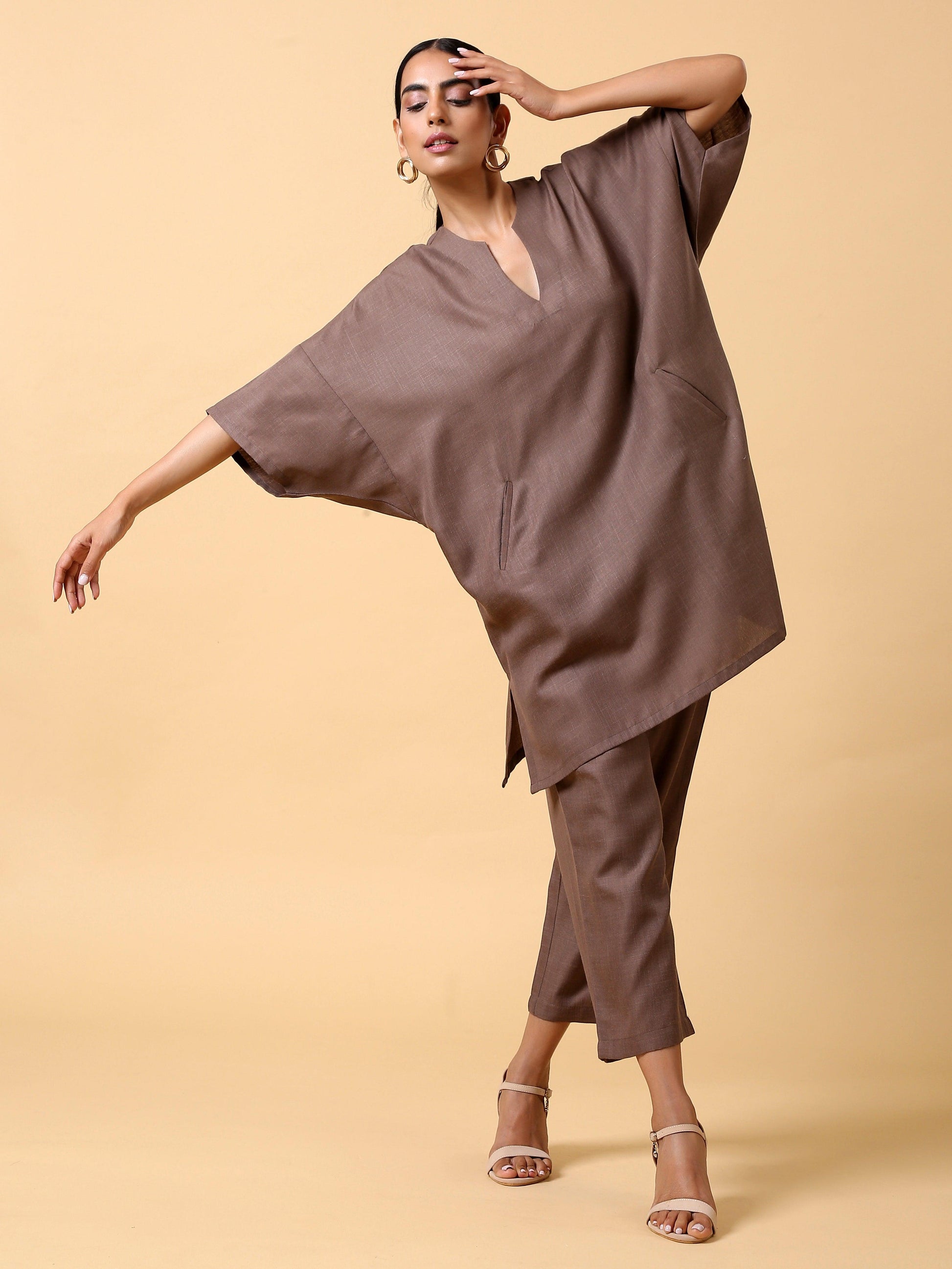 trueBrowns Cotton Linen Burnt Brown Boxy Fit Co-Ord Set - Swadesiicart