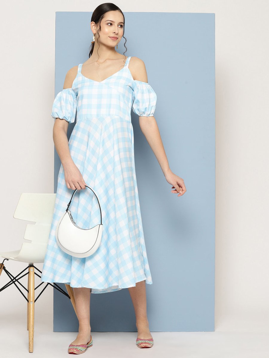 Ahalyaa Checked Cold-Shoulder Sleeves Midi Empire Ethnic Dress | Swadesiicart