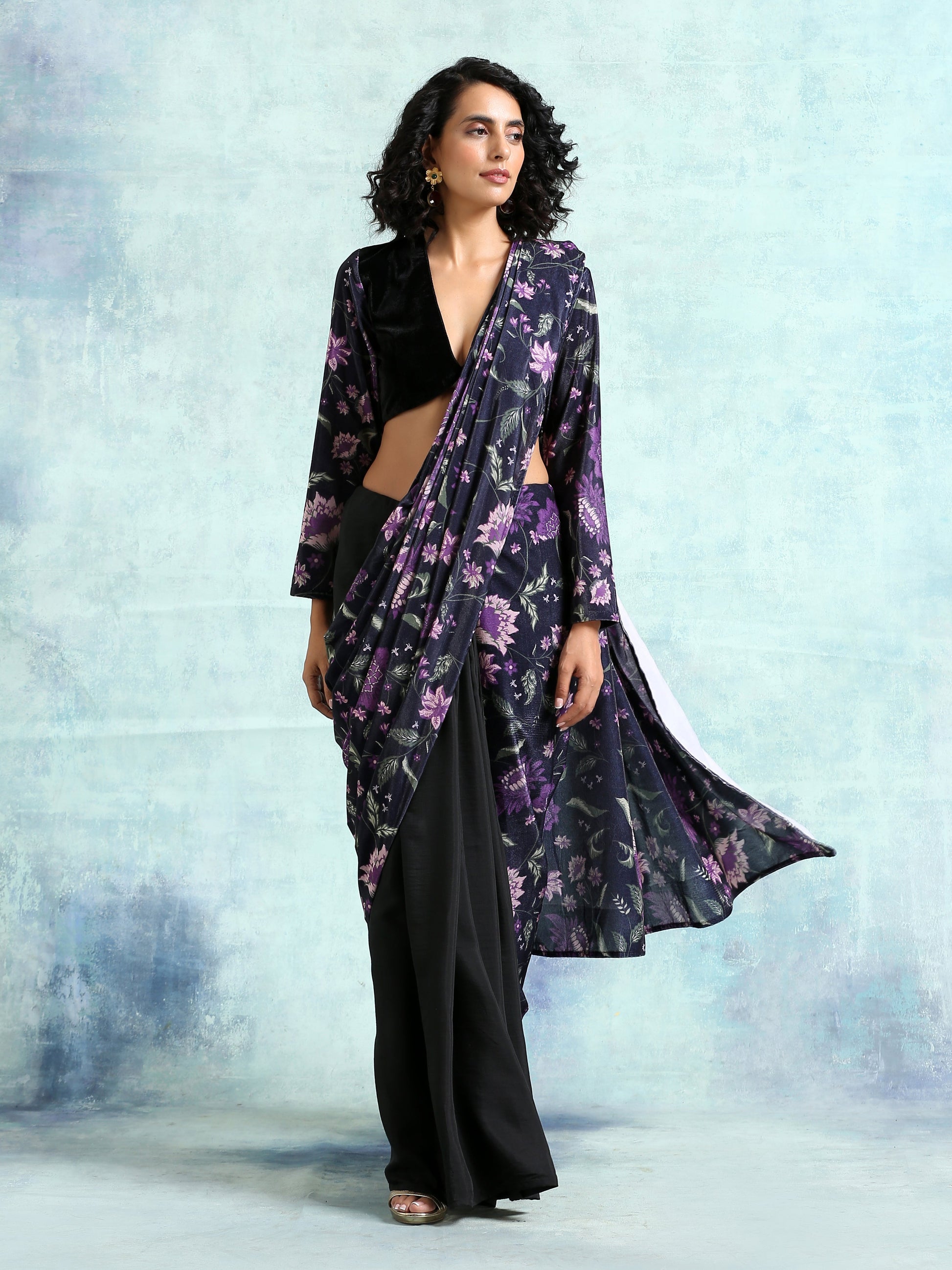 trueBrowns Black Printed Sleeve Velvet Blouse | Swadesiicart