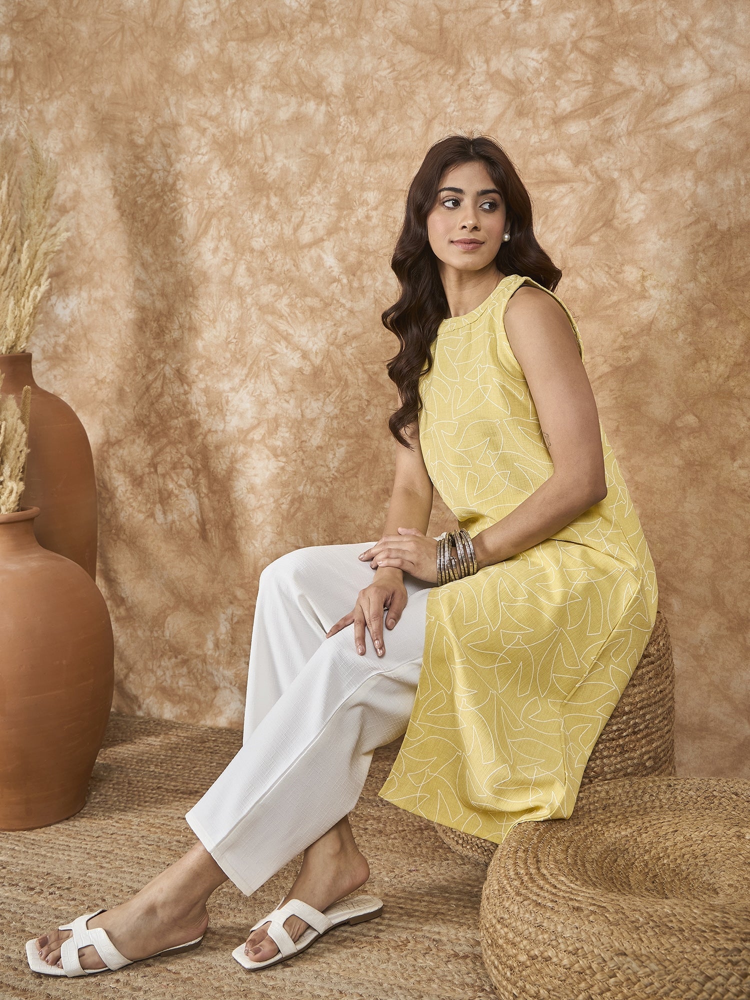 InWeave Light Yellow Side Asymmetric Kurta Set - Swadesiicart