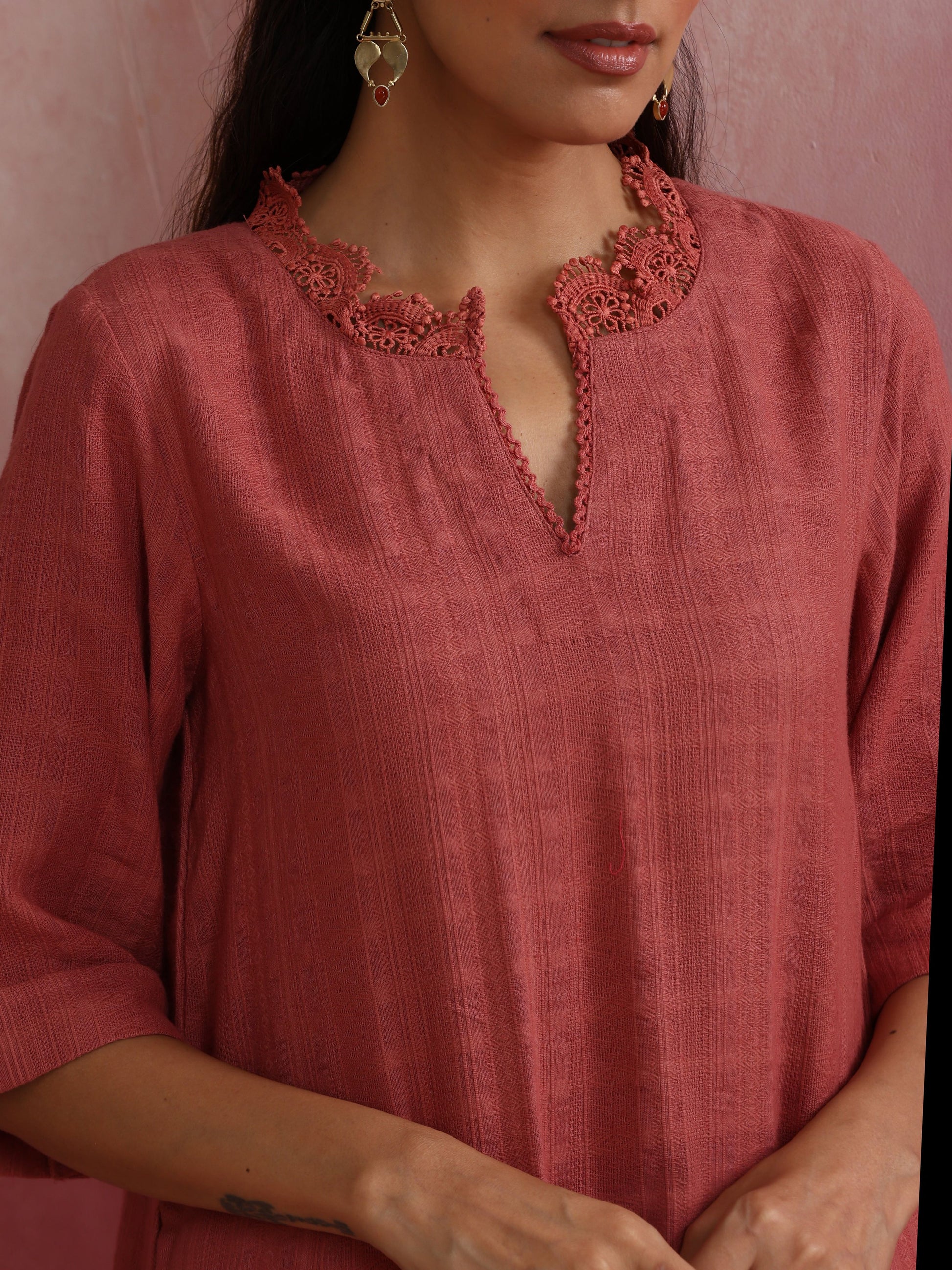 trueBrowns Peach High low Cotton Dobby Kurta Set | Swadesiicart
