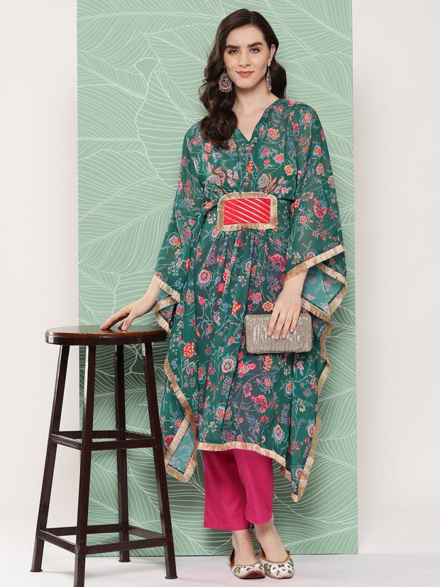 Ahalyaa Women Floral Printed Flared Sleeves Patchwork Georgette Kaftan Kurta | Swadesiicart