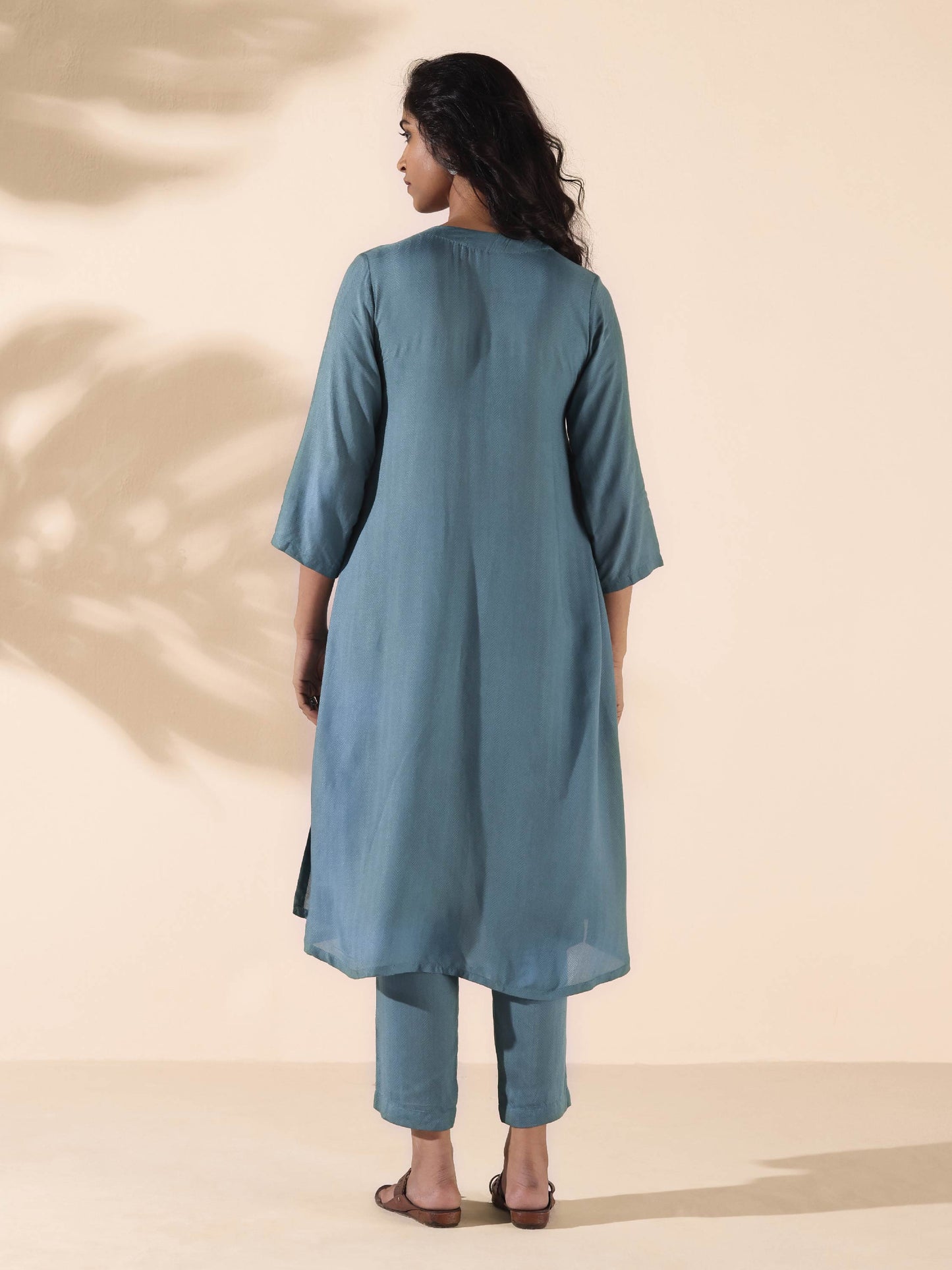 trueBrowns Turquoise Viscose Dobby Flared Kurta Pant Set | Swadesiicart