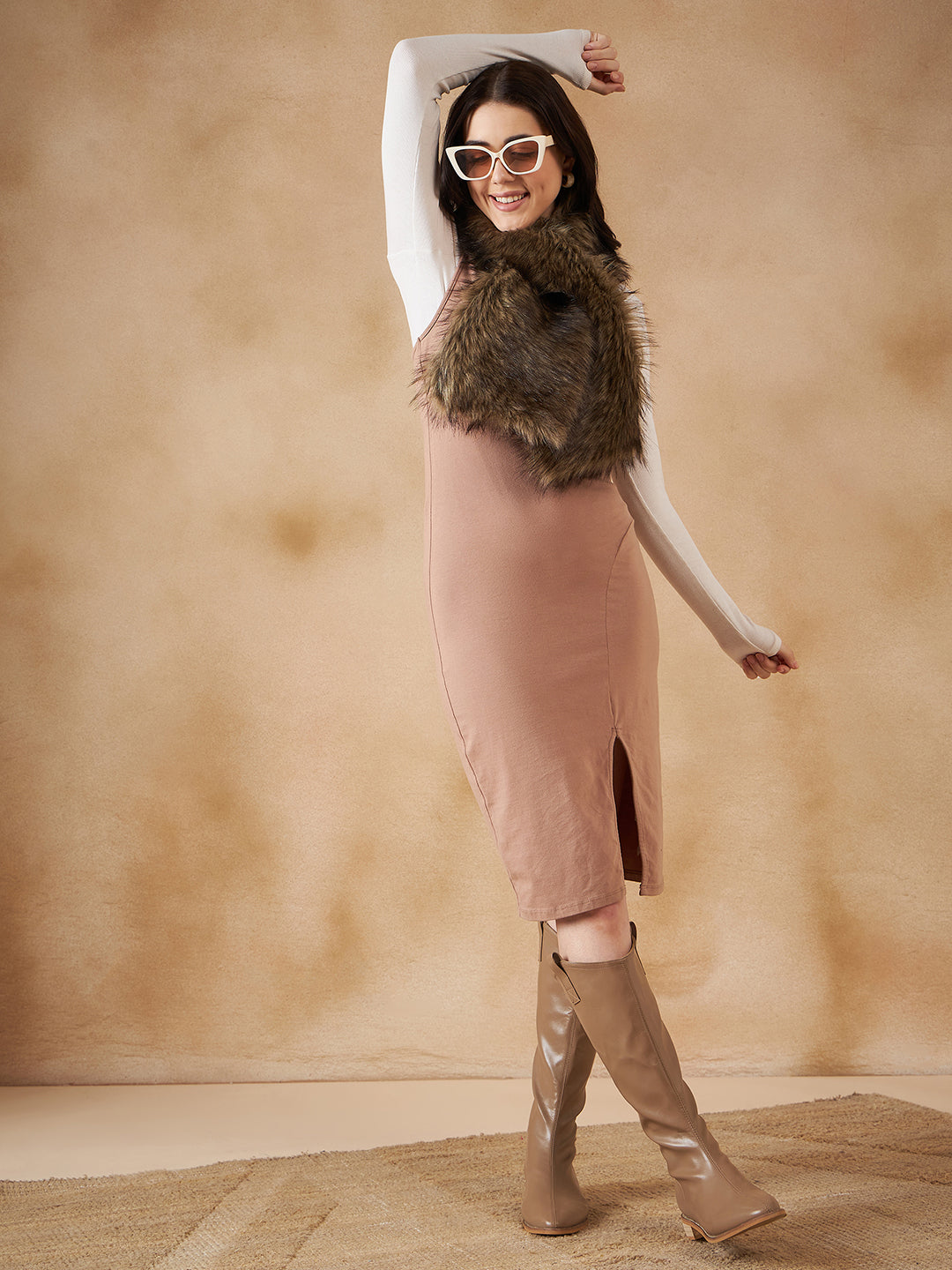 InWeave Women's Beige Print Faux Fur Neck Warmer - Swadesiicart