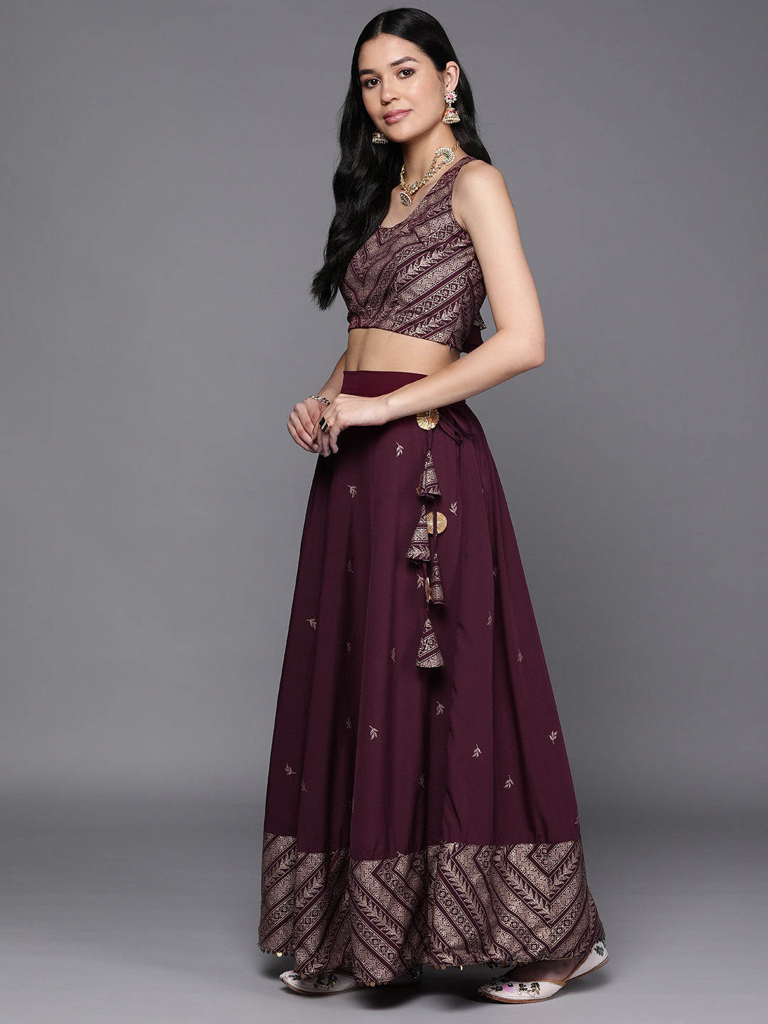 Indian Clothing Ahalyaa Purple & Gold-Toned Printed Sequinned Foil Print Ready to Wear Lehenga & Blouse With Dupatta | Swadesiicart