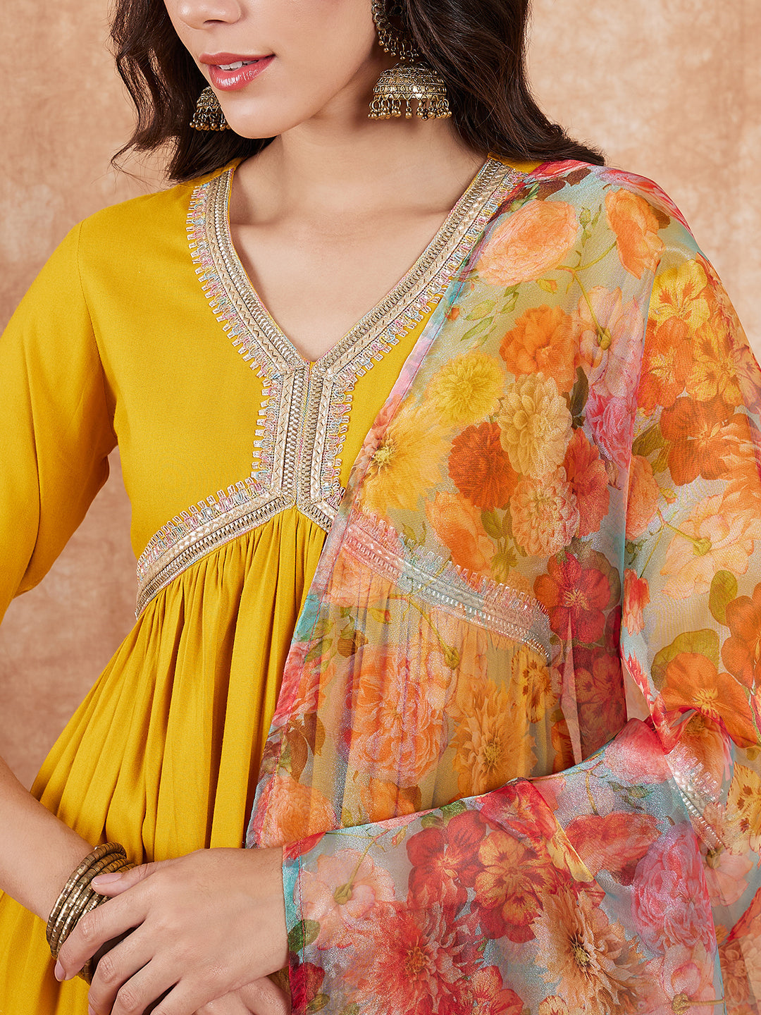 InWeave Women's Mustard Alia Neck Style Gota Set W Organza Dupatta - Swadesiicart