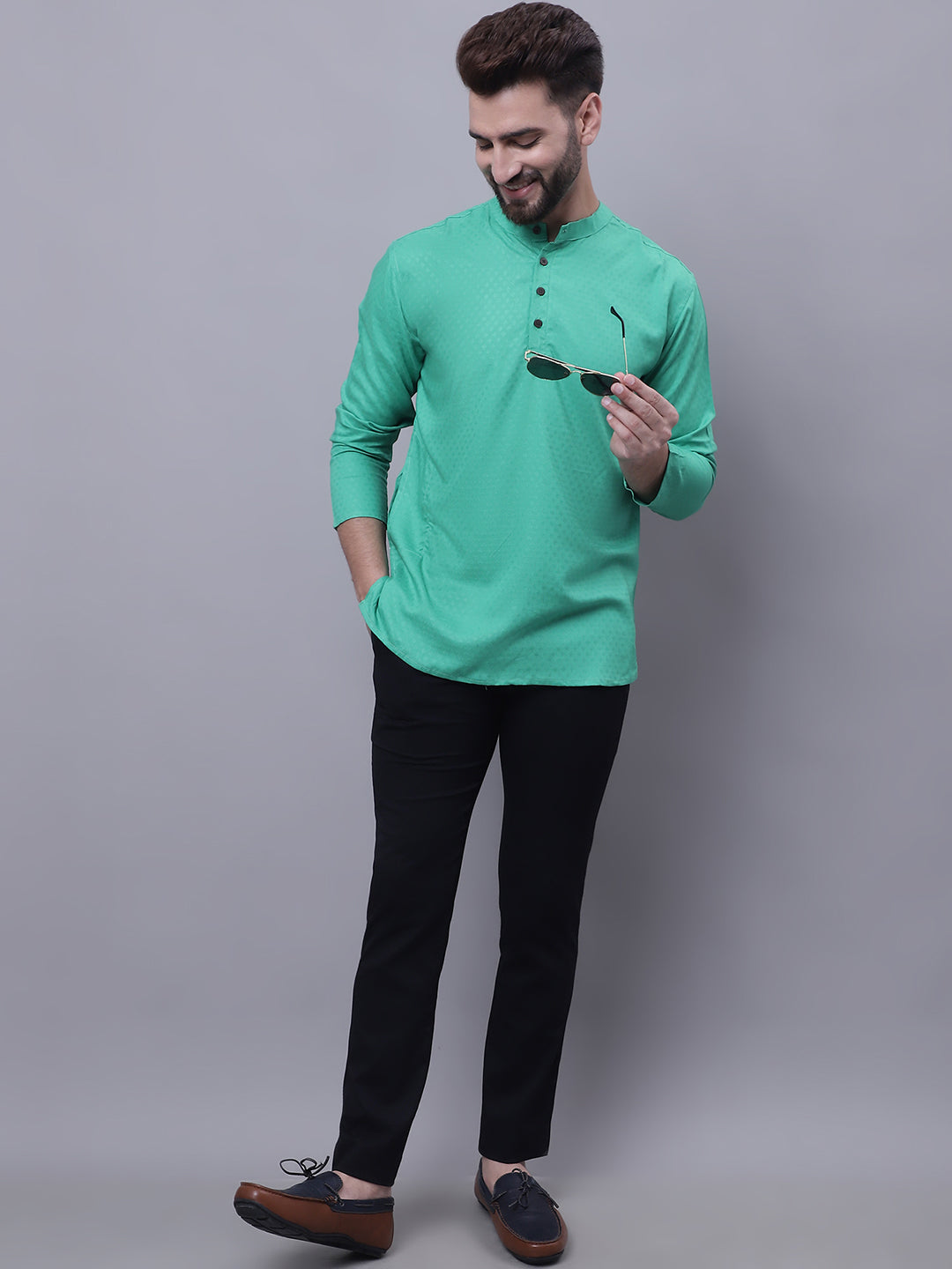 Even Apparels Green Pure Cotton Short Kurta With Band Collar | Swadesiicart