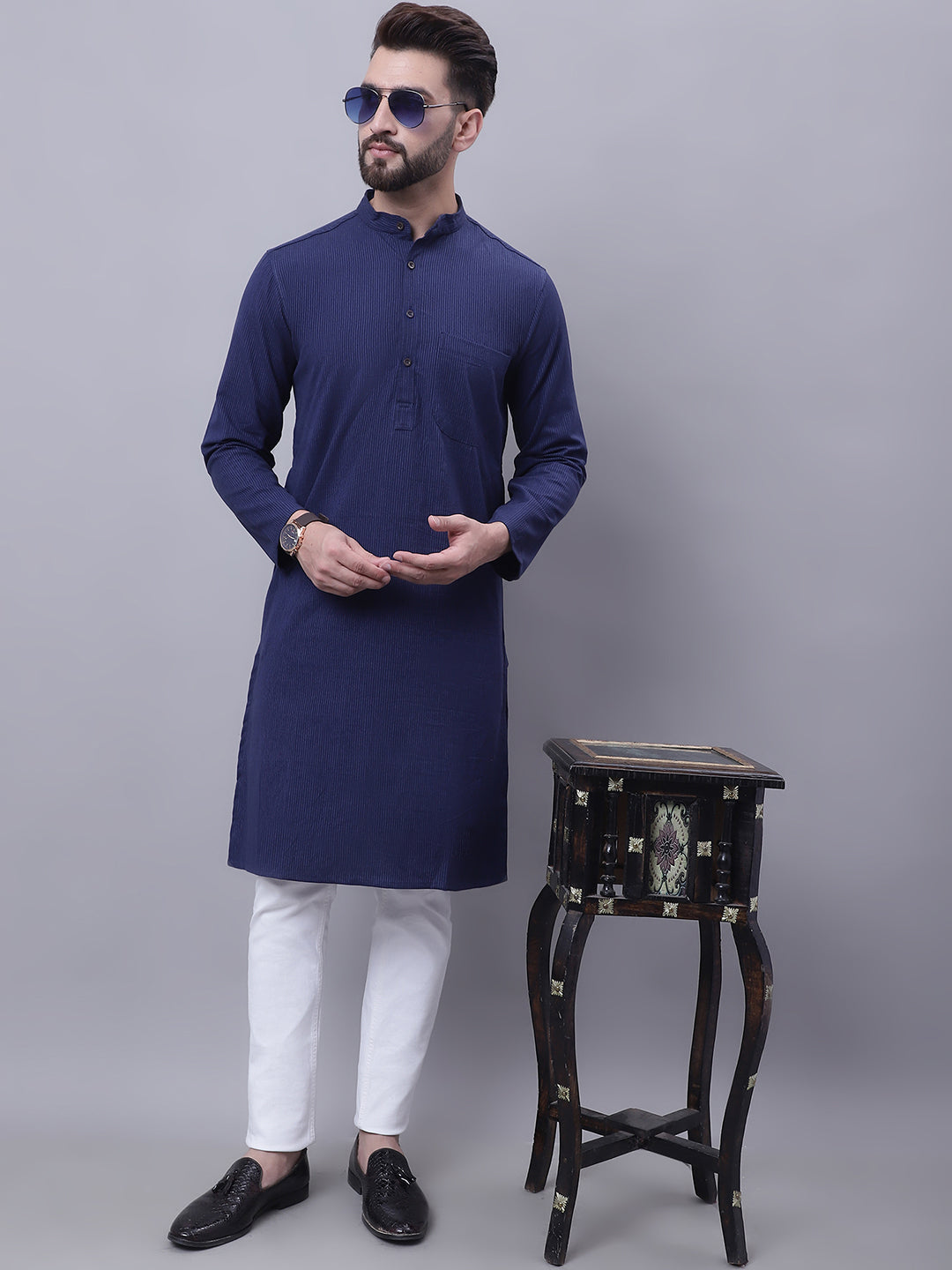 Even Apparels Blue Pure Cotton Kurta With Band Collar | Swadesiicart