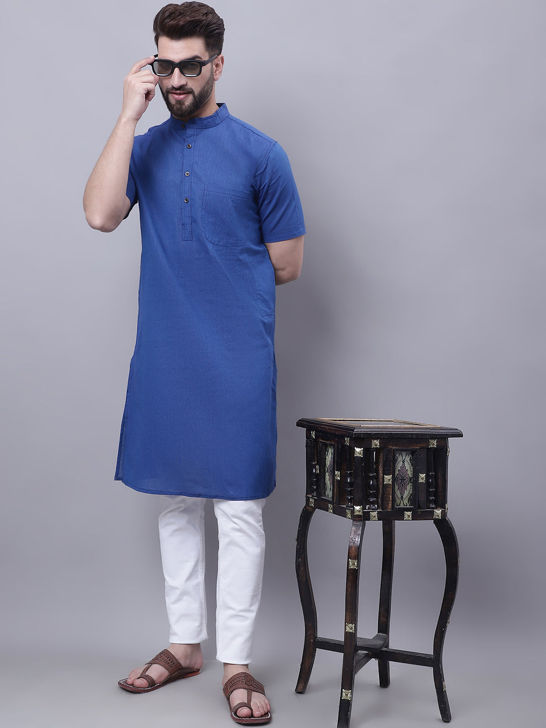 Even Apparels Blue Pure Cotton Short Sleeves Kurta With Band Collar | Swadesiicart