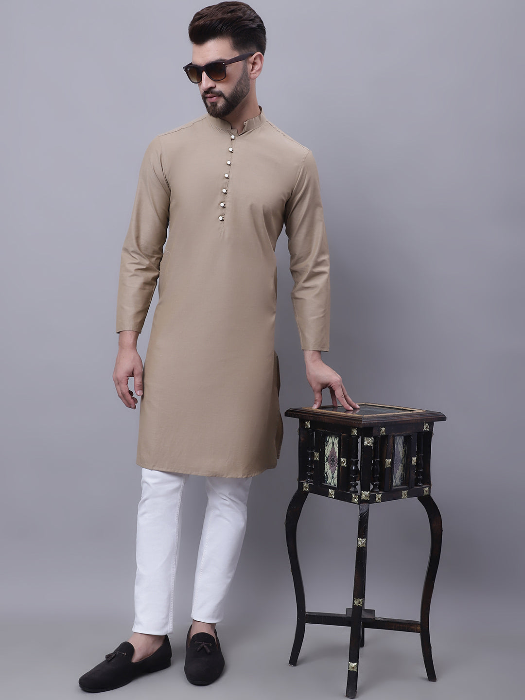 Even Apparels Beige Pure Cotton Kurta With Band Collar | Swadesiicart