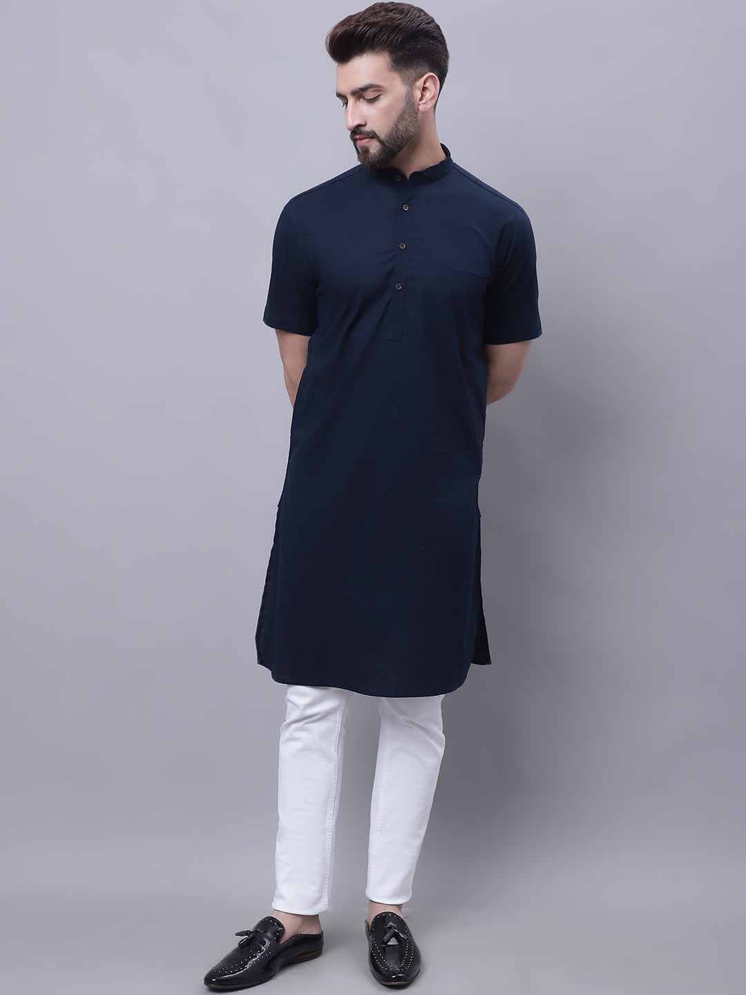Even Apparels Blue Pure Cotton Short Sleeves Kurta With Band Collar | Swadesiicart