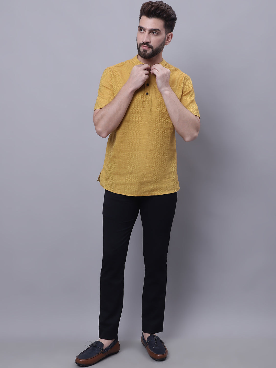 Even Apparels Yellow Pure Cotton Short Sleeves Kurta With Band Collar | Swadesiicart