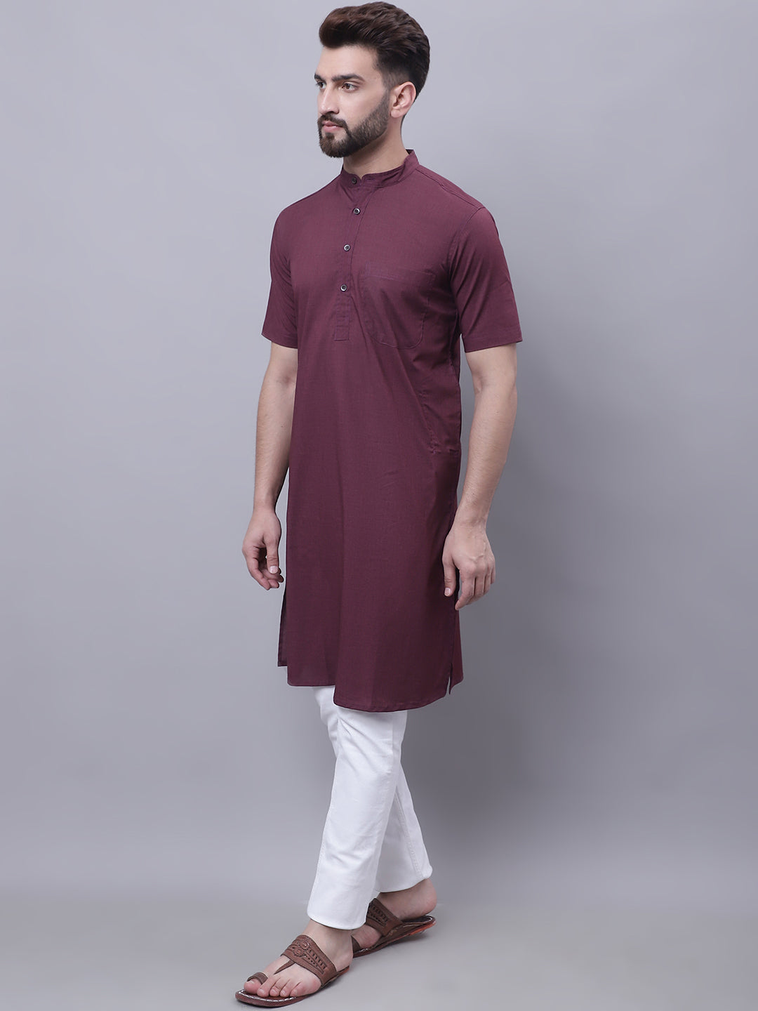 Even Apparels Wine Pure Cotton Short Sleeves Kurta With Band Collar | Swadesiicart