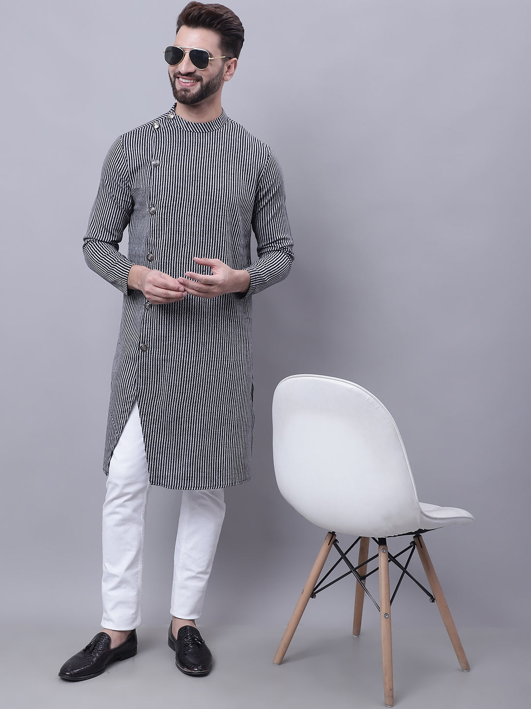 Even Apparels Black Sherwani Kurta With Asymetrical Cut | Swadesiicart