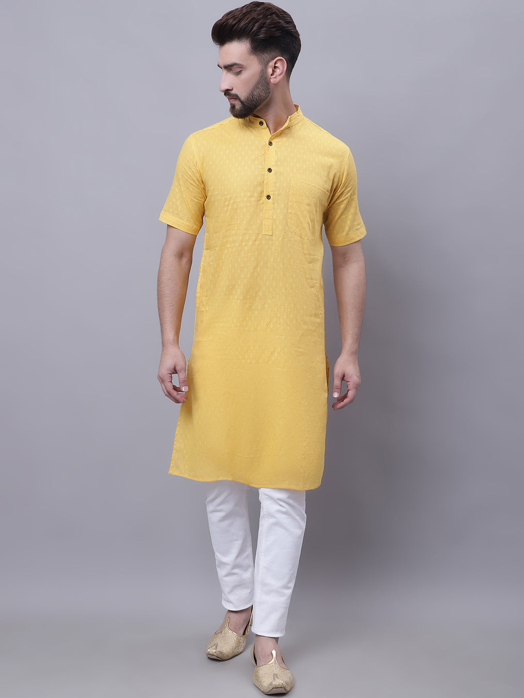 Even Apparels Yellow Pure Cotton Short Sleeves Kurta With Band Collar | Swadesiicart