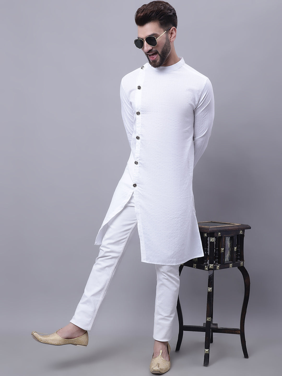 Even Apparels White Sherwani Kurta With Asymetrical Cut | Swadesiicart