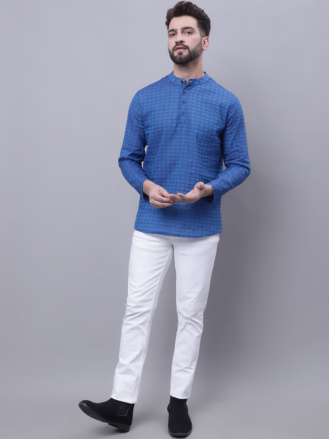 Even Apparels Blue Pure Cotton Short Kurta With Band Collar | Swadesiicart