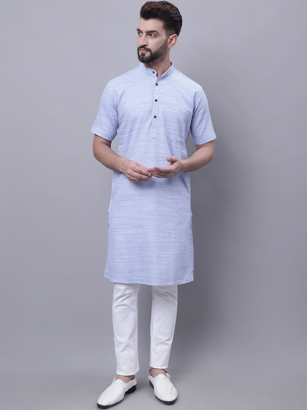Even Apparels Blue Pure Cotton Short Sleeves Kurta With Band Collar | Swadesiicart