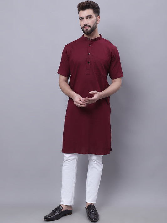 Even Apparels Red Pure Cotton Short Sleeves Kurta With Band Collar | Swadesiicart