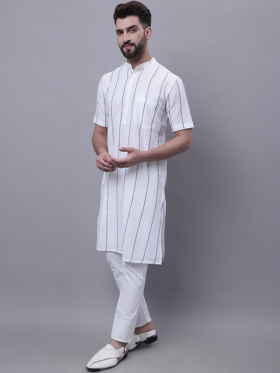 Even Apparels Cream Pure Cotton Short Sleeves Kurta With Band Collar | Swadesiicart