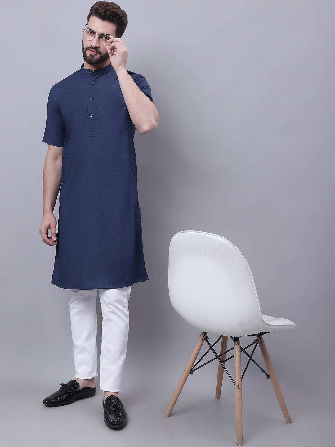 Even Apparels Blue Pure Cotton Short Sleeves Kurta With Band Collar | Swadesiicart