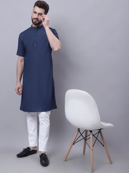 Even Apparels Blue Pure Cotton Short Sleeves Kurta With Band Collar | Swadesiicart
