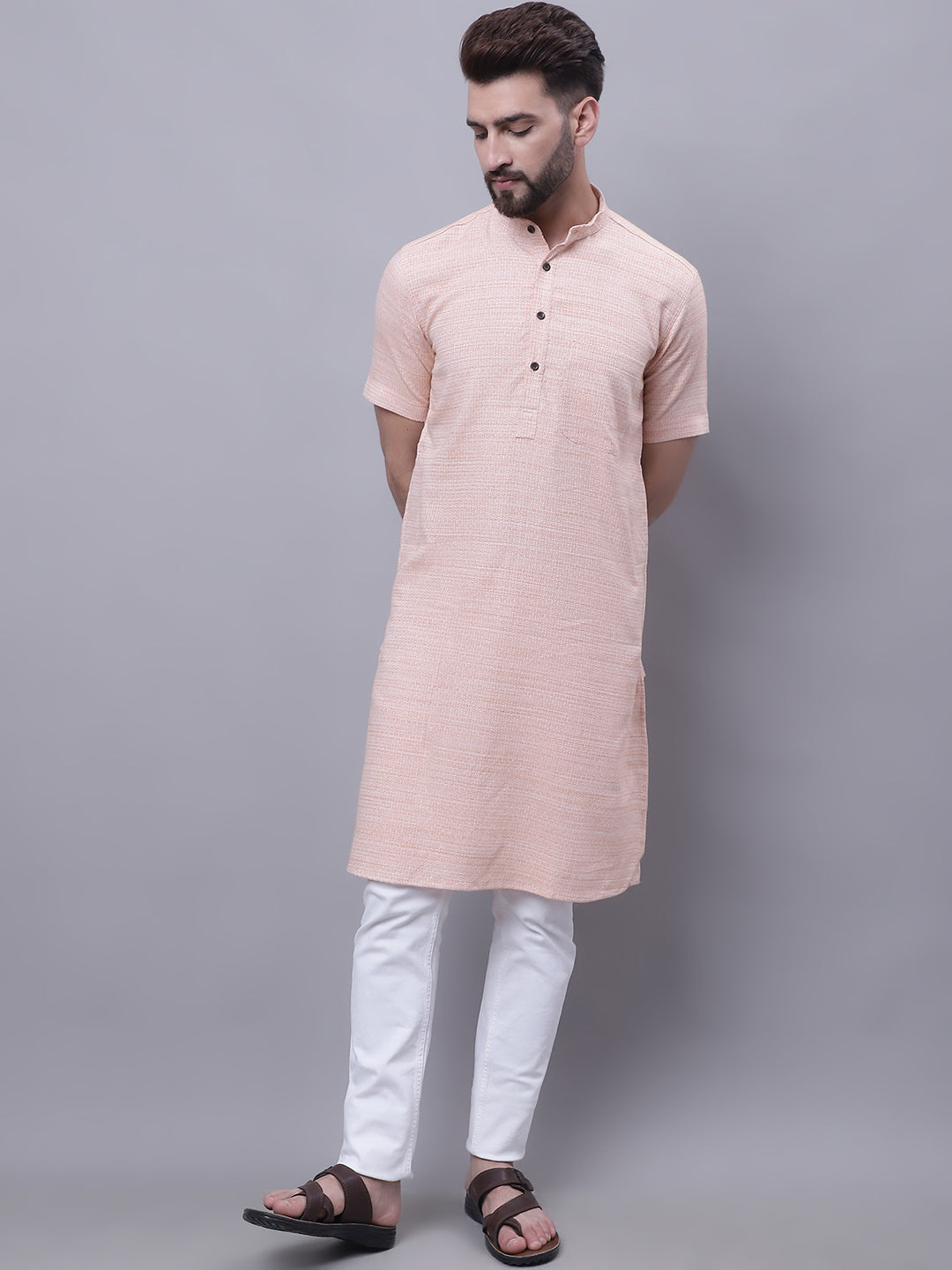 Even Apparels Peach Pure Cotton Short Sleeves Kurta With Band Collar | Swadesiicart