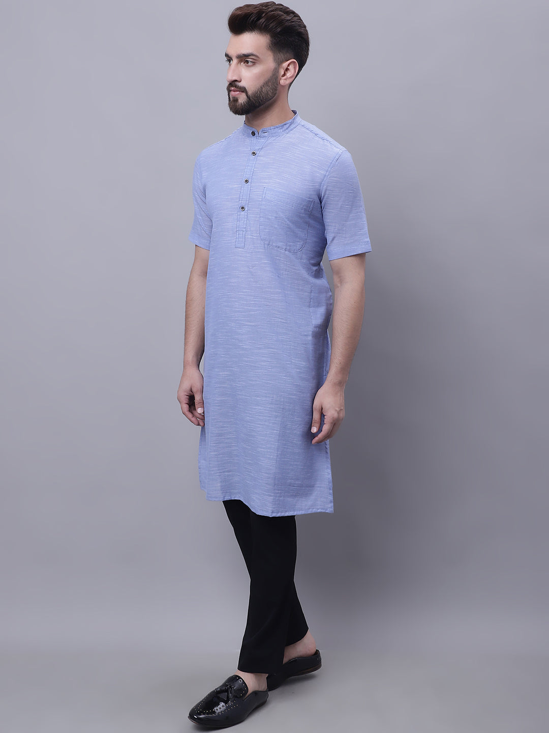 Even Apparels Blue Pure Cotton Short Sleeves Kurta With Band Collar | Swadesiicart