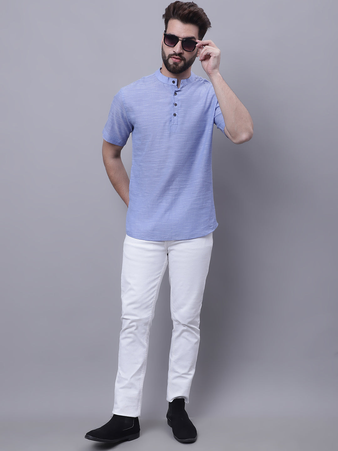 Even Apparels Blue Pure Cotton Short Kurta With Band Collar | Swadesiicart