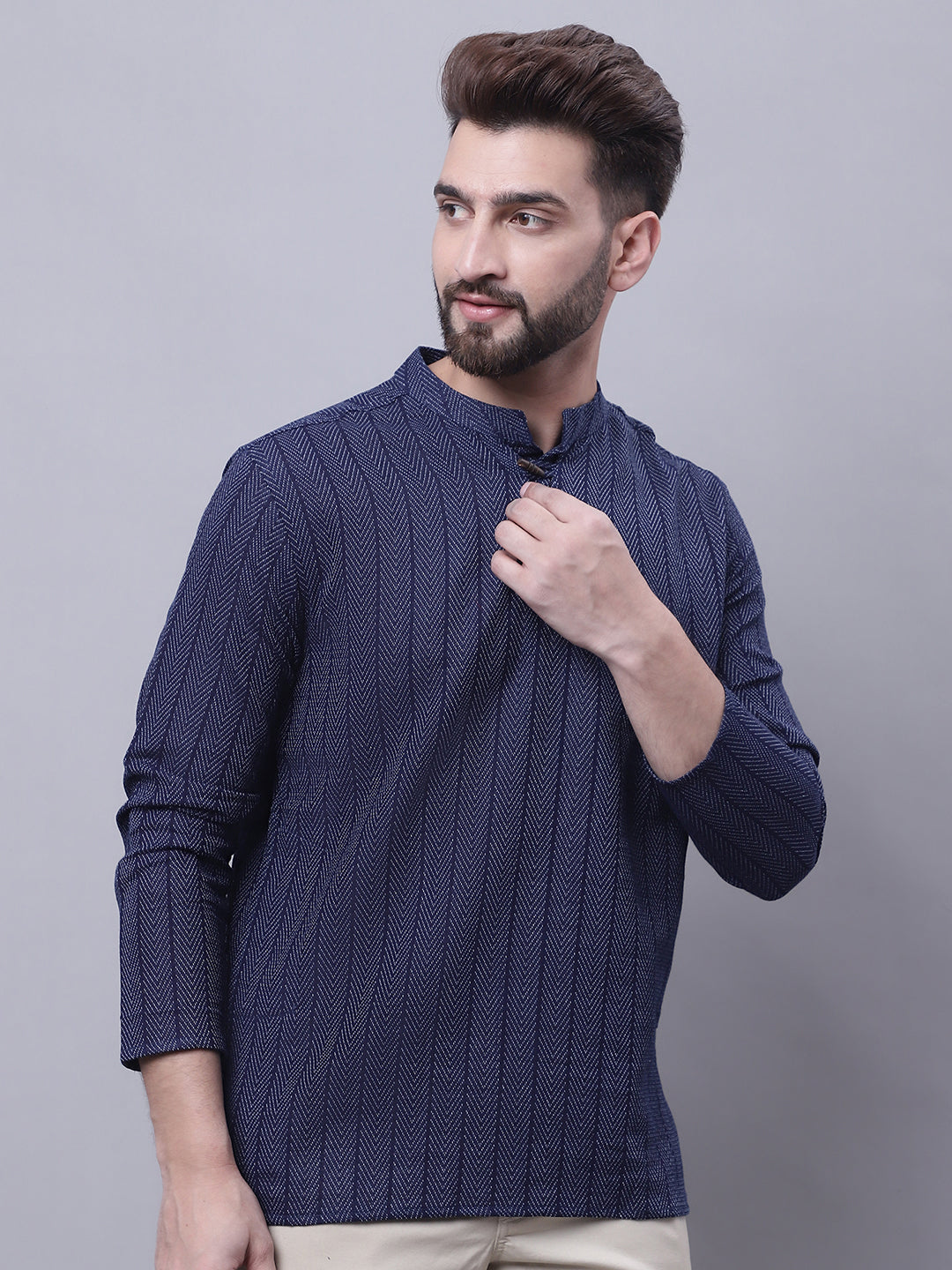 Indian Clothing Even Apparels Blue Pure Cotton Short Kurta With Band Collar | Swadesiicart