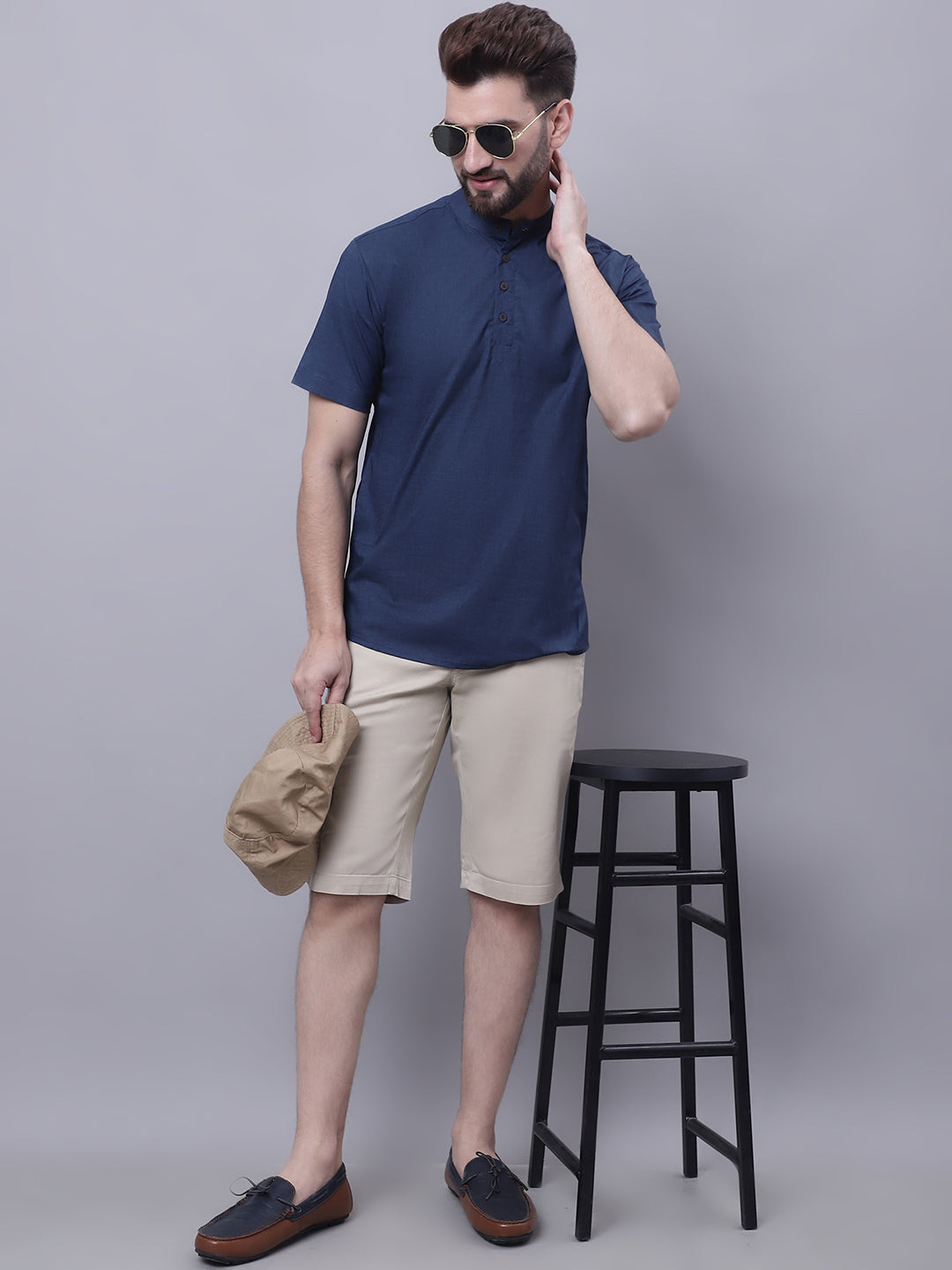 Even Apparels Blue Pure Cotton Short Kurta With Band Collar | Swadesiicart