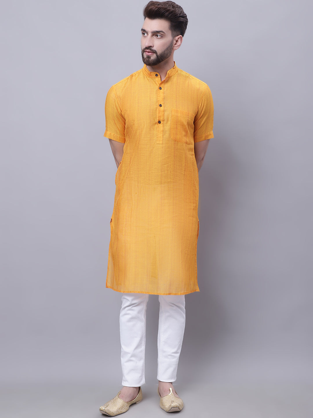 Even Apparels Yellow Pure Cotton Short Sleeves Kurta With Band Collar | Swadesiicart