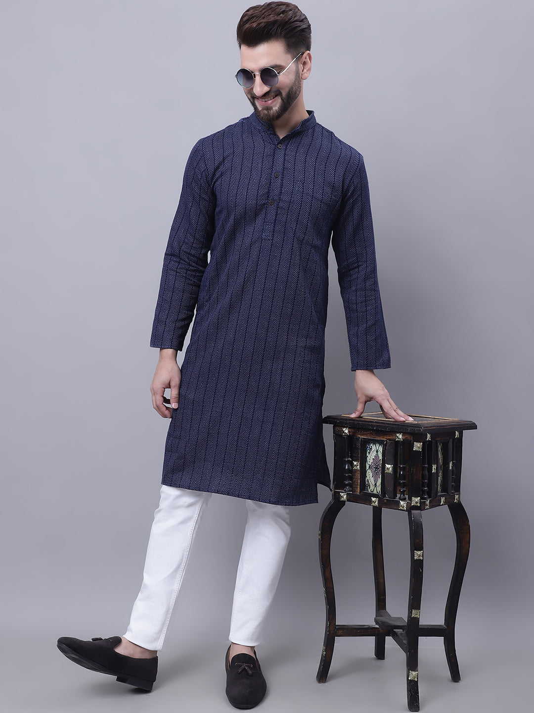 Even Apparels Blue Pure Cotton Kurta With Band Collar | Swadesiicart