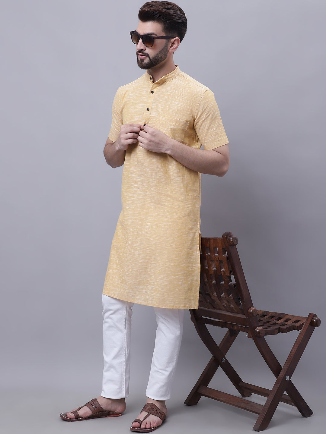 Even Apparels Yellow Pure Cotton Short Sleeves Kurta With Band Collar | Swadesiicart