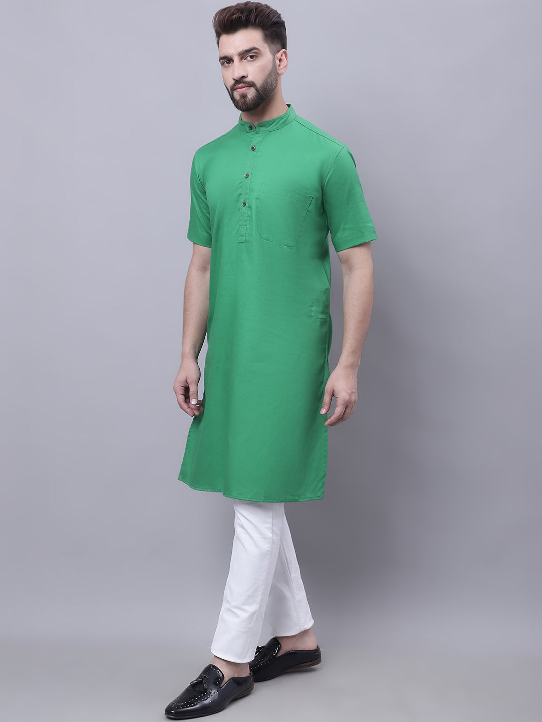 Even Apparels Green Pure Cotton Short Sleeves Kurta With Band Collar | Swadesiicart