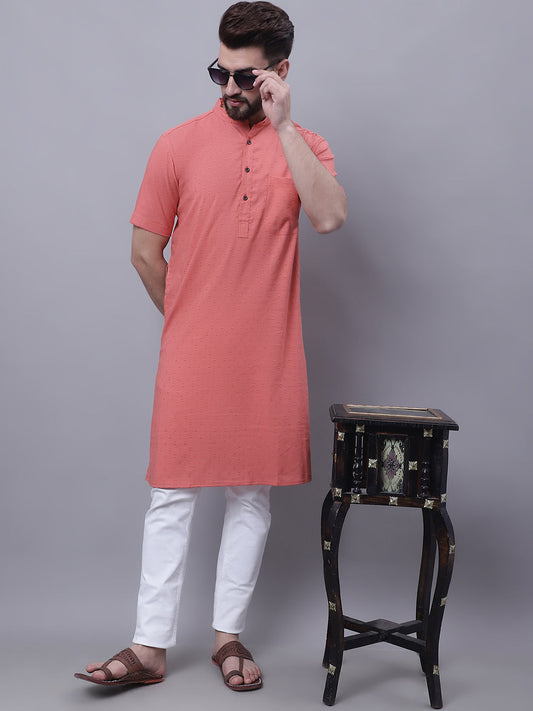 Even Apparels Peach Pure Cotton Short Sleeves Kurta With Band Collar | Swadesiicart